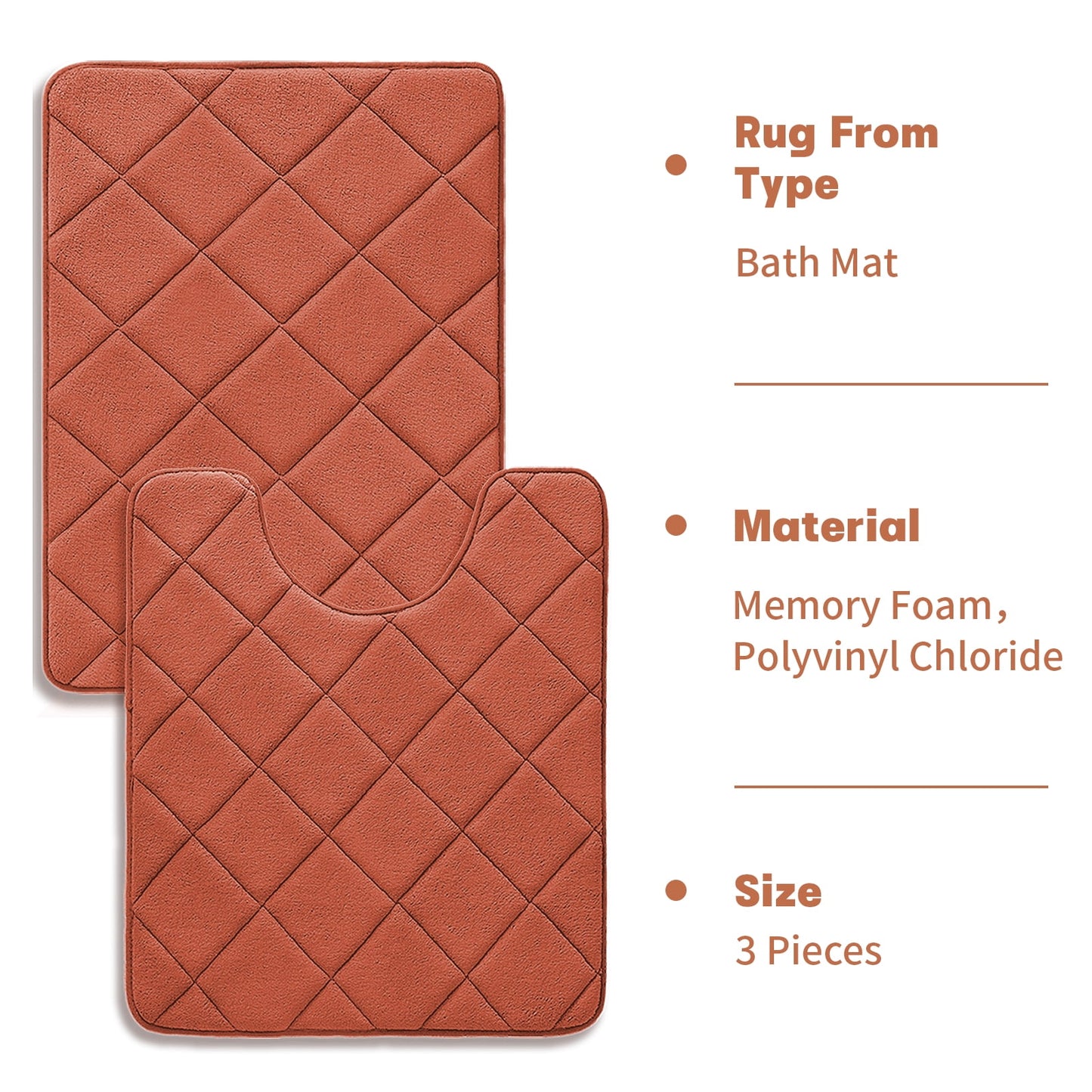 CHAKME Memory Foam Bath Mat Set Non Slip Super Absorbent Machine Washable U Shape Toilet Rug 24inx20in/24inx16in Bathroom Floor,Rustic Lattice orange
