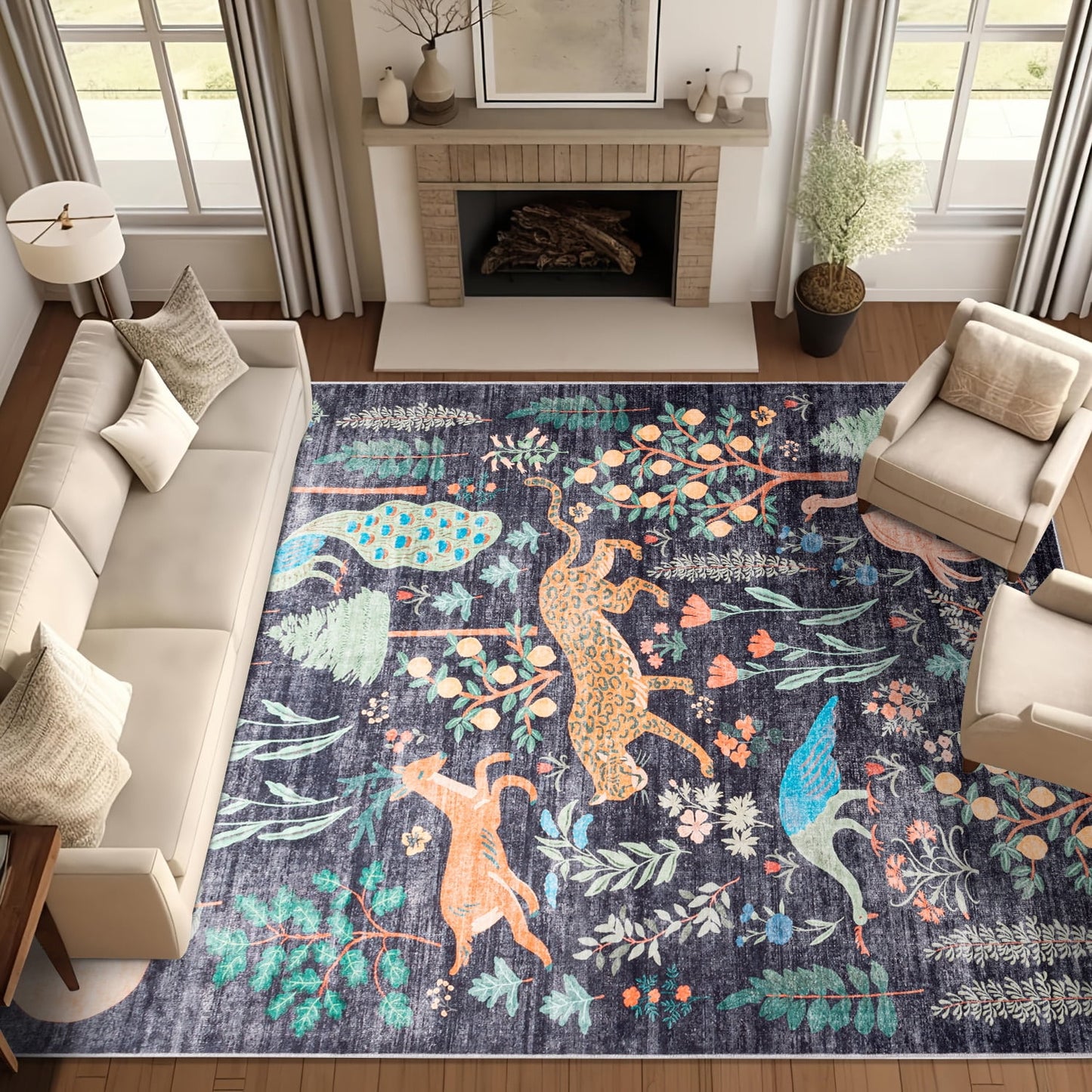 CHAKME 8'x10' Jungle Safari Wild Animal Area Rug Machine Washable Non Slip Leopard Bird Botanical Plant Low Pile Floor Carpet Living Room Dining Room Bedroom