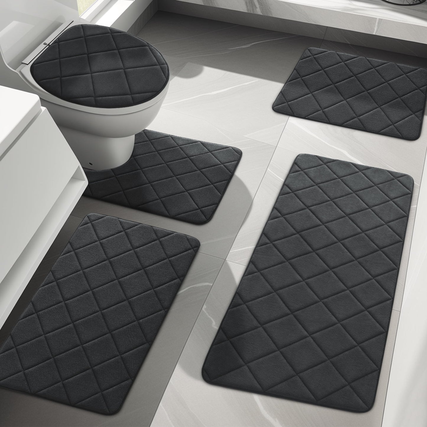 CHAKME Non Slip Machine Washable 5 Piece Bath Rug Set Memory Foam Ultra Absorbent Large 20inx46in & 32inx20in Long 24inx17in Small 18inx16in U Shape Contour 24inx20in Bathroom Mat Rustic Lattice Dark gray