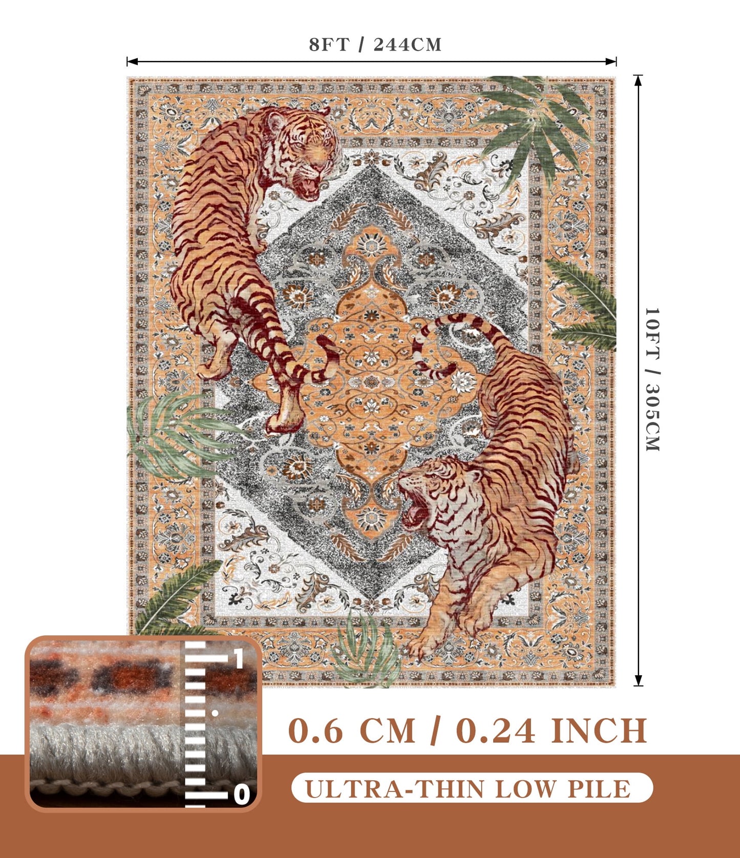 CHAKME 8'x10' Vintage Tiger Area Rugs Non Slip Machine Washable Vintage Boho Carpet Low Pile Print Bedroom Dining Room Home Office Rug,Beige