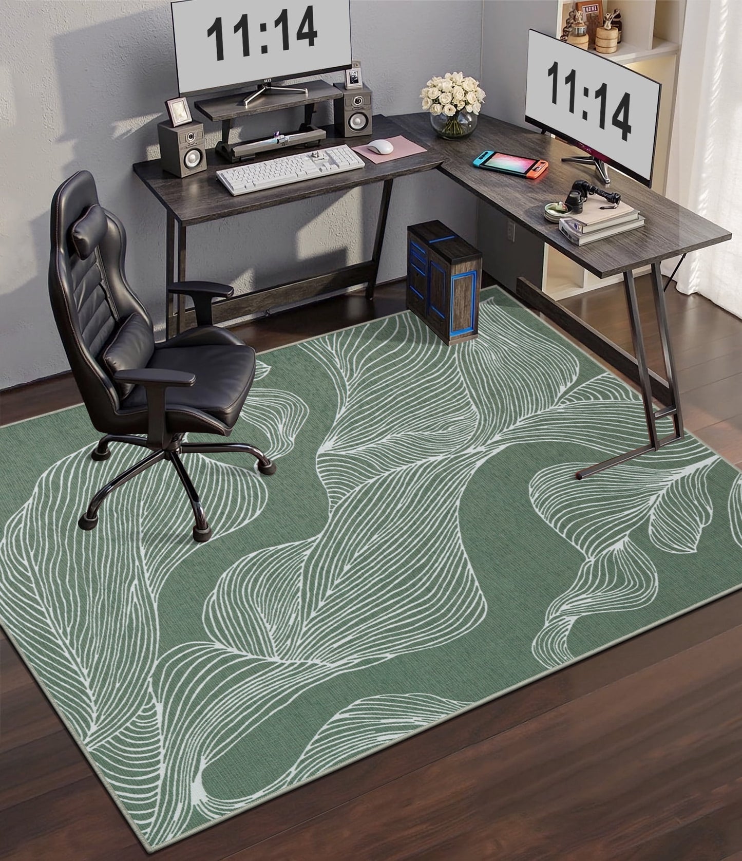 CHAKME Hardwood Floor Office Chair Mat, Non Slip Washable Floor Protector Desk Chair, 48in x 72in, Sage Green Botanical Line Art