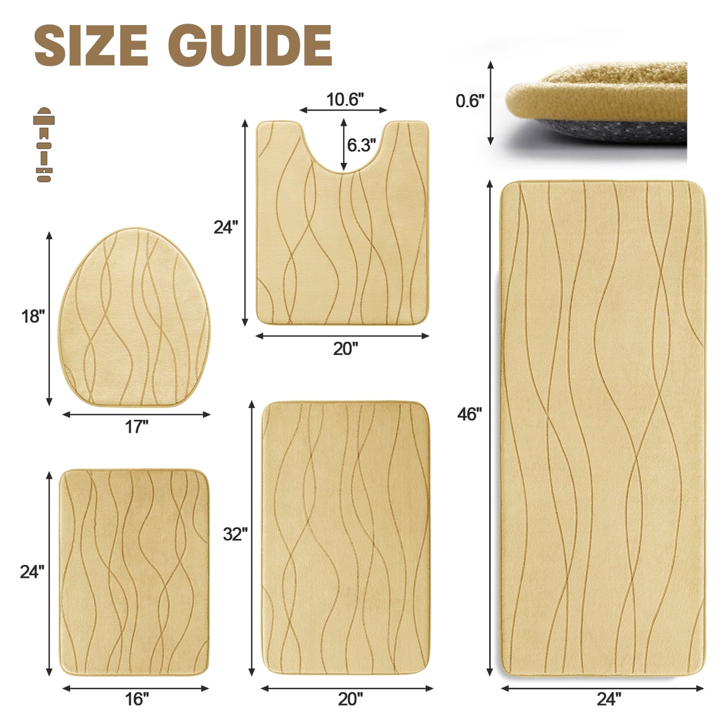 CHAKME 5 Piece Bathroom Rug Set Non Slip Ultra Absorbent Machine Washable Memory Foam Large 20inx46in & 32inx20in Long 24inx17in Small 18inx16in U Shape Contour 24inx20in Toilet Mat Ocean Ripple coffee