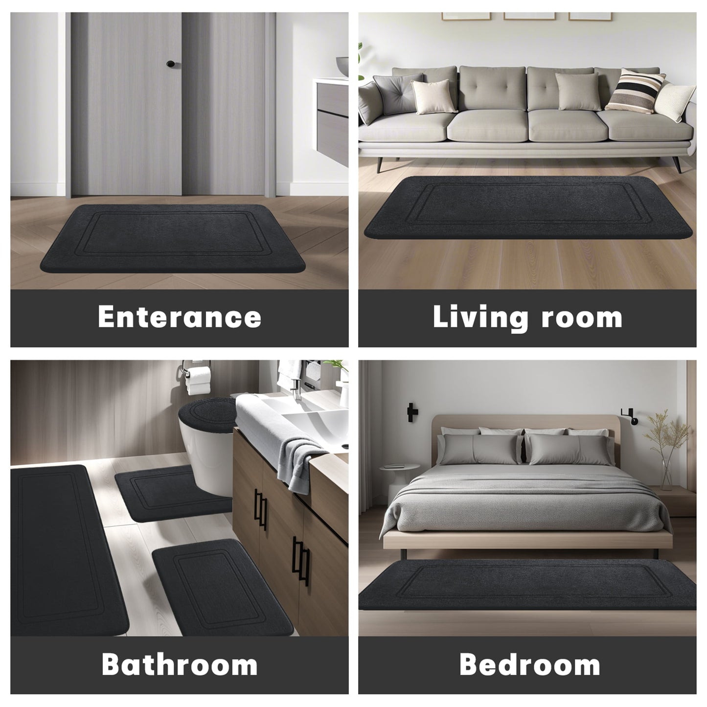 CHAKME U Shape Bath Mat Set 24inx20in&24inx16in Non Slip Super Absorbent Machine Washable Bathroom Memory Foam Floor Rug Toilet,Classic Greek Key black