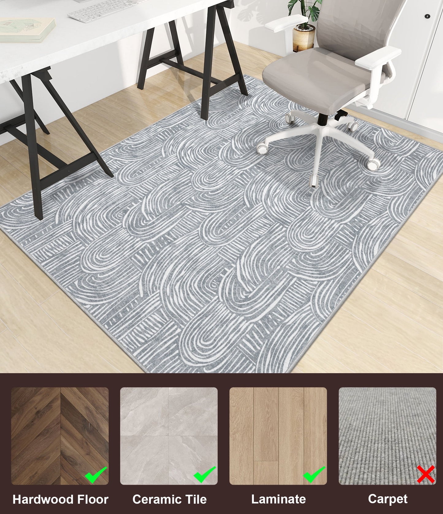 CHAKME 4' X 5' Arched Line Office Chair Mat Hardwood Floor Desk Chair Mat Anti Slip Floor Protector Under Desk Low Pile Office Rug Home