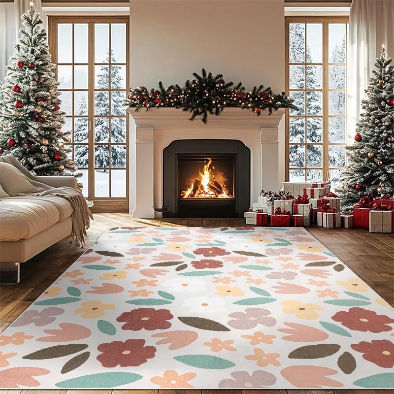 CHAKME 5'x7'Area Rugs Washable Non Slip Floral Carpets for Living Room Bedroom Kitchen Office Large Rugs Cottage Farmhouse Dining Room Oriental Flower Rugs, Light beige