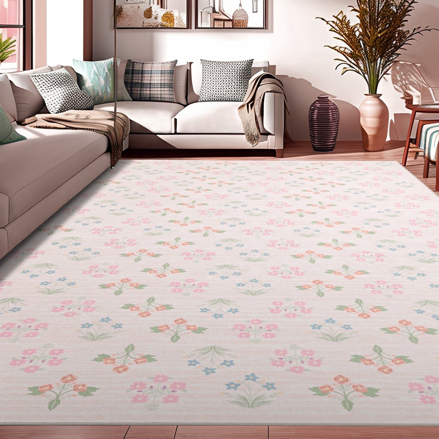 CHAKME 5'x7' Washable Non Slip Area Rug Ultra Soft Floral Carpet Living Room Large Vintage Green American Country Flower Rugs Distressed Retro Farmhouse Floor Mat, Pink Green