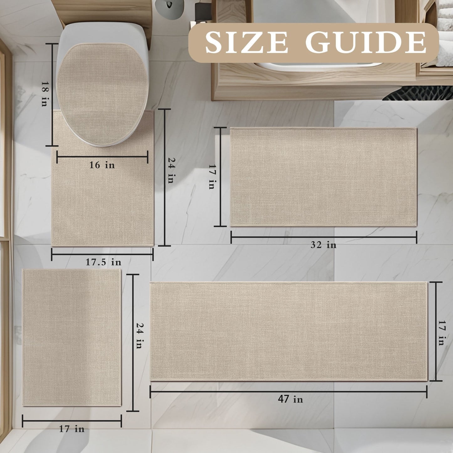 CHAKME 5 Piece Super Absorbent Bathroom Rug Set Non Slip Machine Washable Thin Quick Dry Bath Mat Rubber Backing Shower Floor Toilet Rugs BEIGE