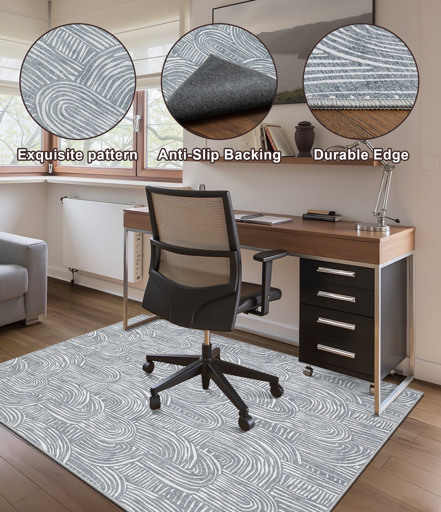 CHAKME Hardwood Floor Office Chair Mat, Non Slip Washable Floor Protector Desk Chair, 48in x 72in, Grey Arched Pattern