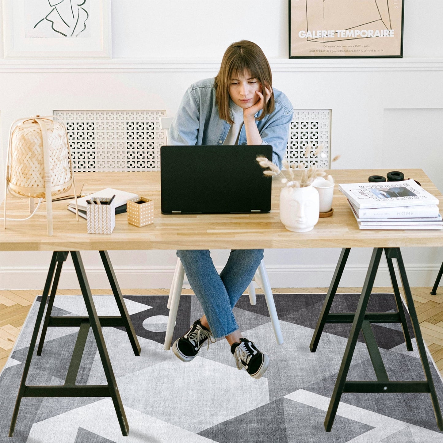 CHAKME Geometric Triangle Office Chair Mat 3'x4' Non Slip Washable Easy Glide Carpet Protector Hardwood Floor Grey White Modern Desk Chair Rug