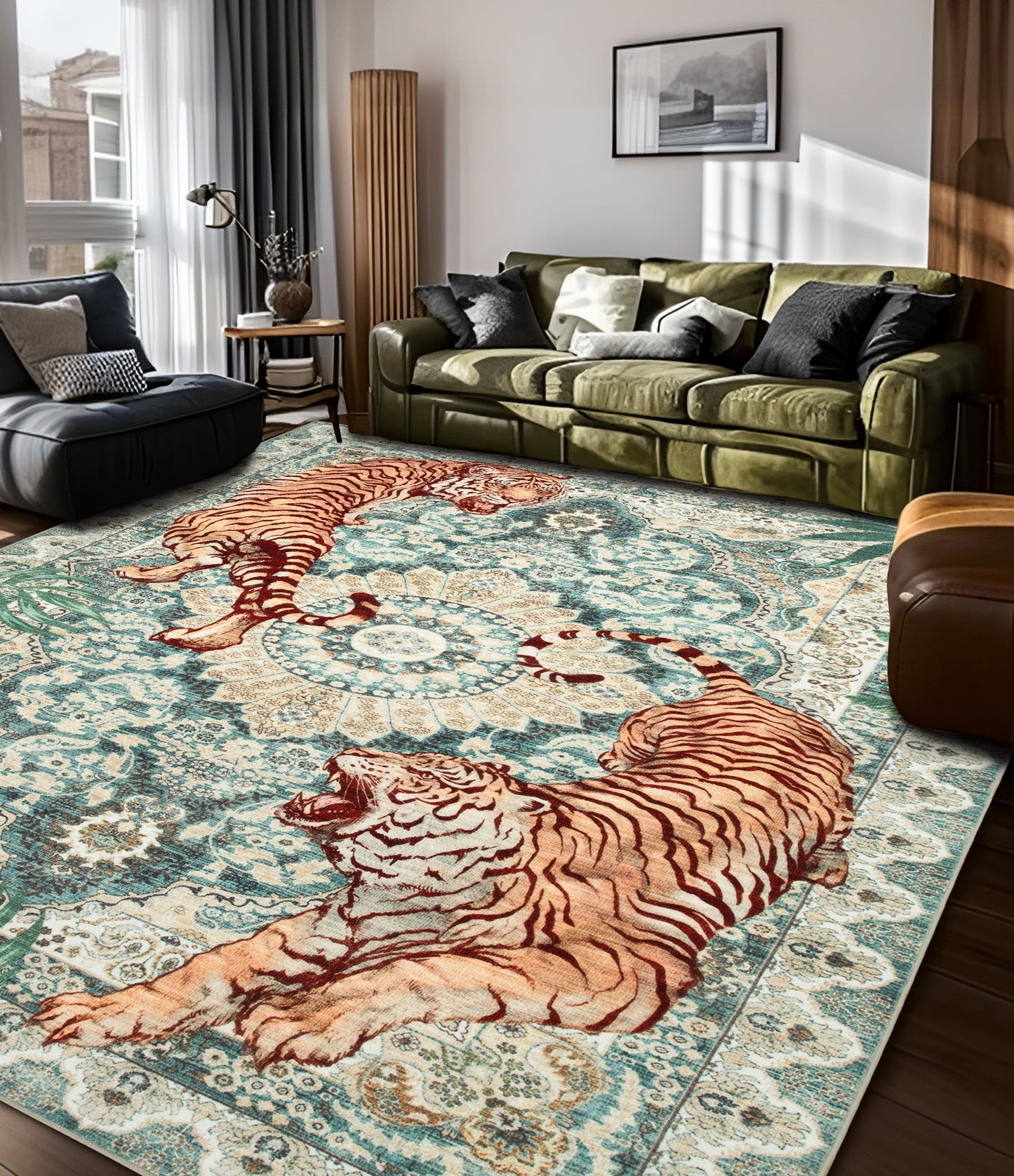 CHAKME 6'x9' Vintage Tiger Area Rug, Boho Traditional Washable Rug Living Room Bedroom Dining Sunroom Distressed Botanical Floral Accent Carpet, Green