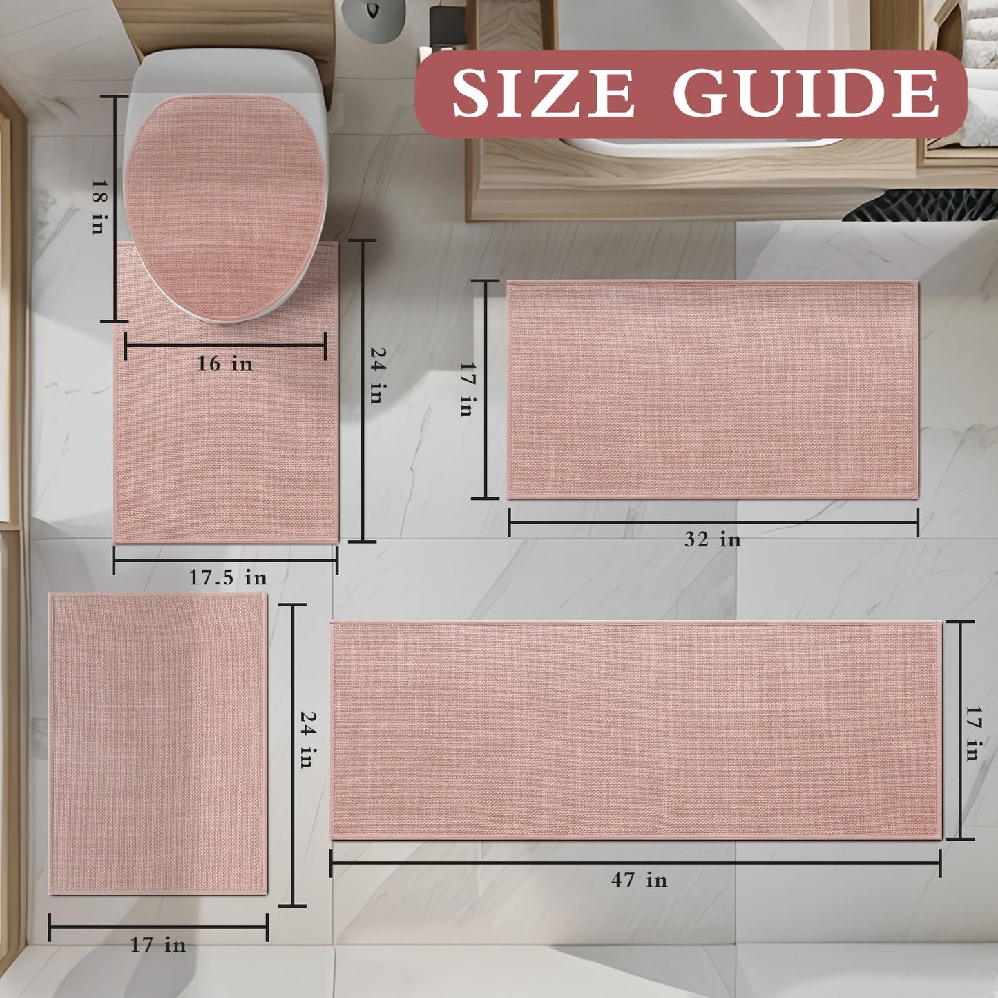 CHAKME 5 Piece Bathroom Rug Set Non Slip Washable Thin Super Absorbent Quick Dry Bath Mat Rubber Backing Shower Tub Floor Toilet Rugs PINK
