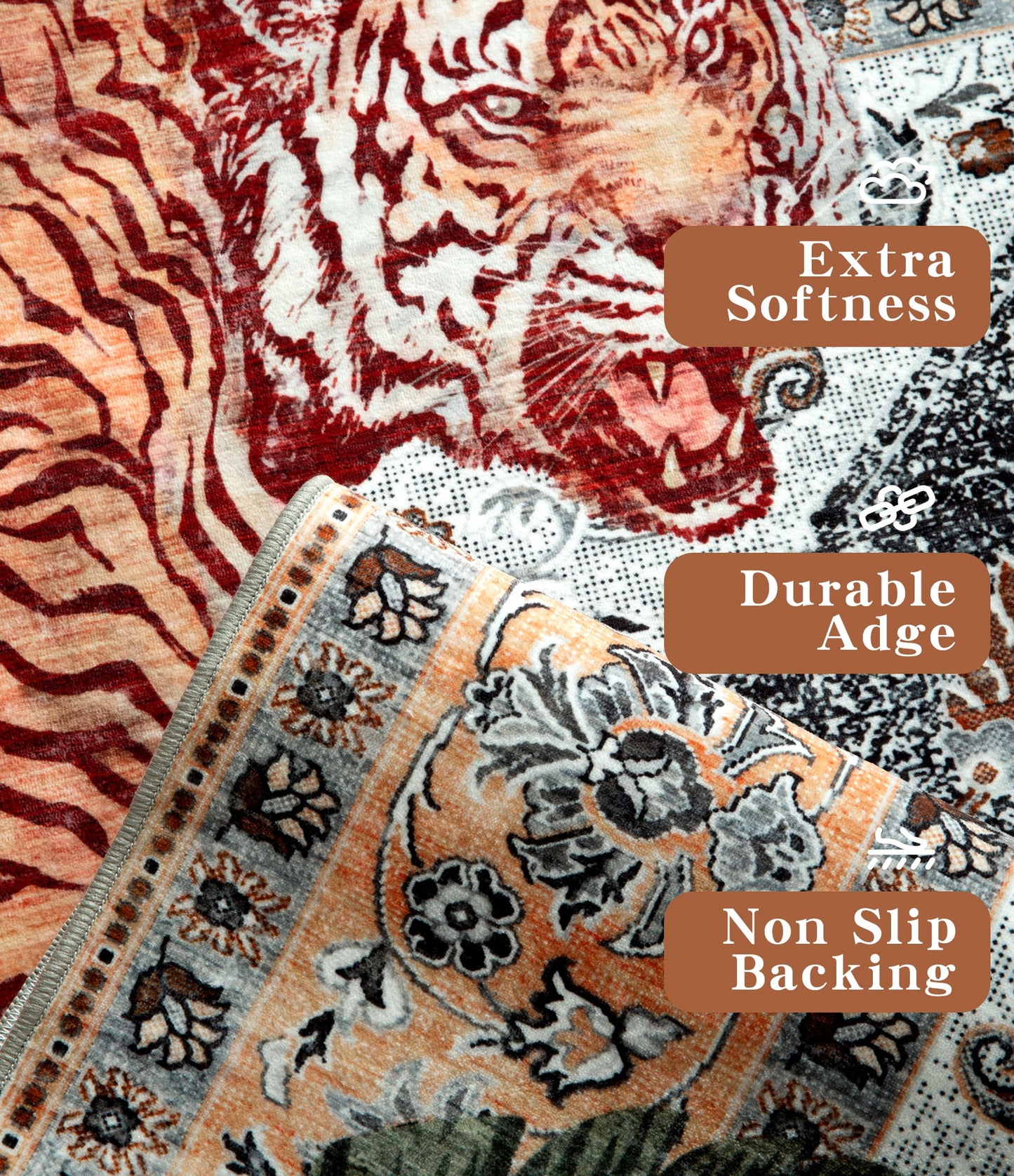 CHAKME 9'x12' Vintage Tiger Area Rugs Non Slip Machine Washable Vintage Boho Carpet Low Pile Print Bedroom Dining Room Home Office Rug,Beige
