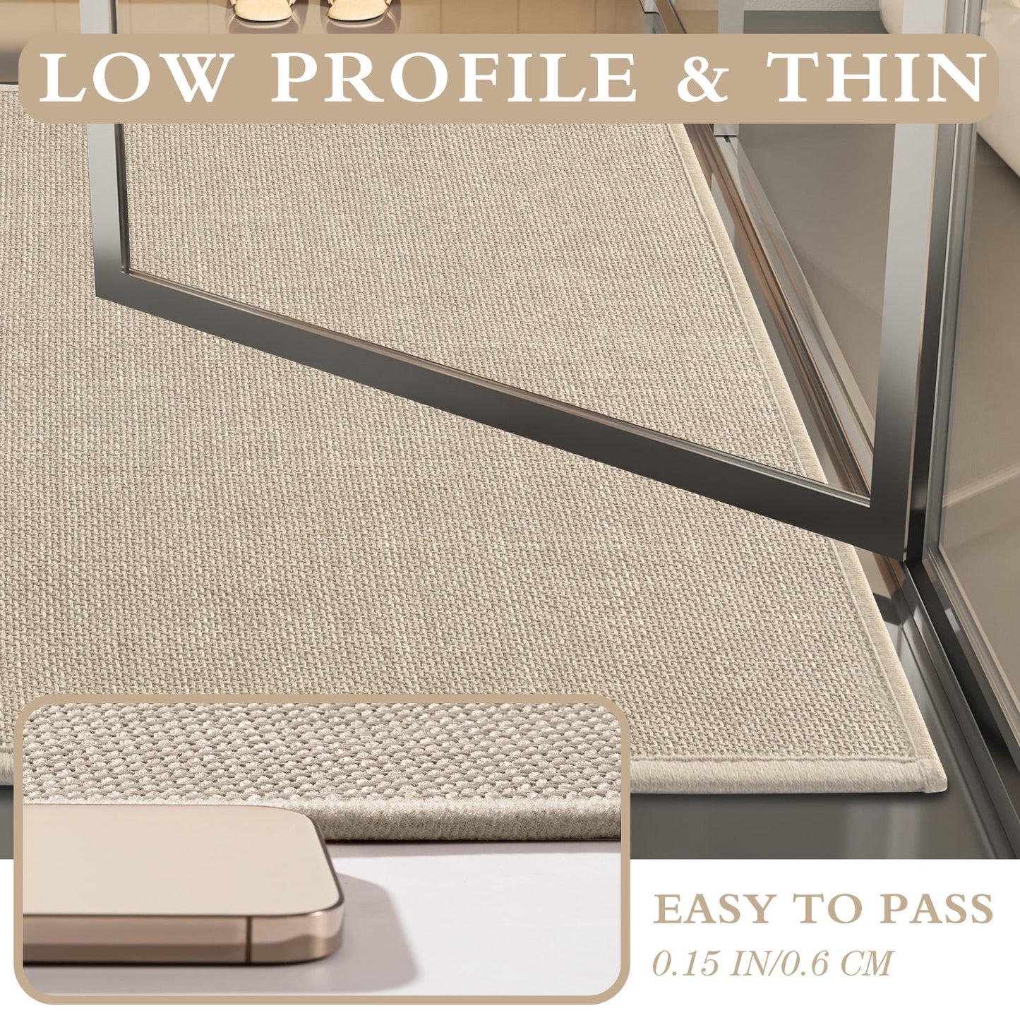 CHAKME 2 Pcs Bathroom Rug Set Thin Non Slip Washable Quick Dry Absorbent Bath Mat Rubber Backing Shower Tub Floor,17inx24in+17inx47in BEIGE