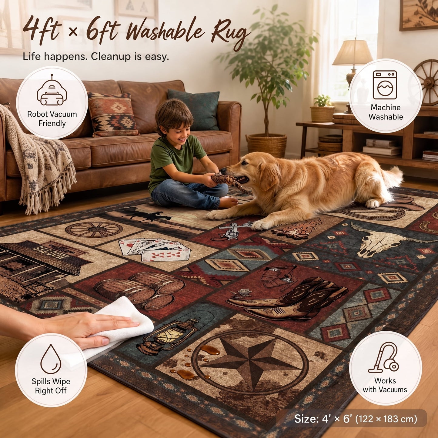CHAKME 4'x6' Western Cowboy Area Rug Rustic Southwestern Cabin Lodge Decor Machine Washable Non-Slip Low Pile Floor Mat Vintage Cactus Bull Skull Saloon Design Carpet for Living Room Bedroom