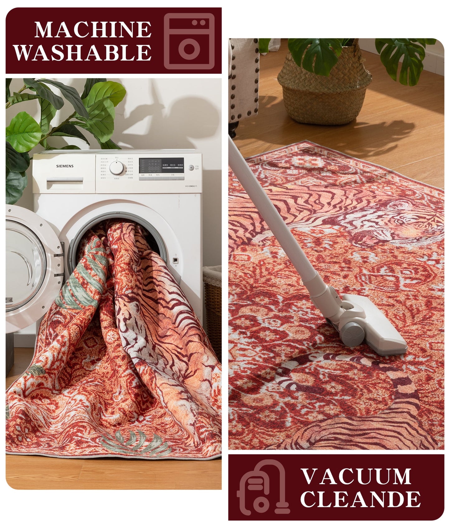 CHAKME 8'x10' Vintage Tiger Area Rugs Non Slip Machine Washable Vintage Boho Carpet Low Pile Print Bedroom Dining Room Home Office Rug,Red