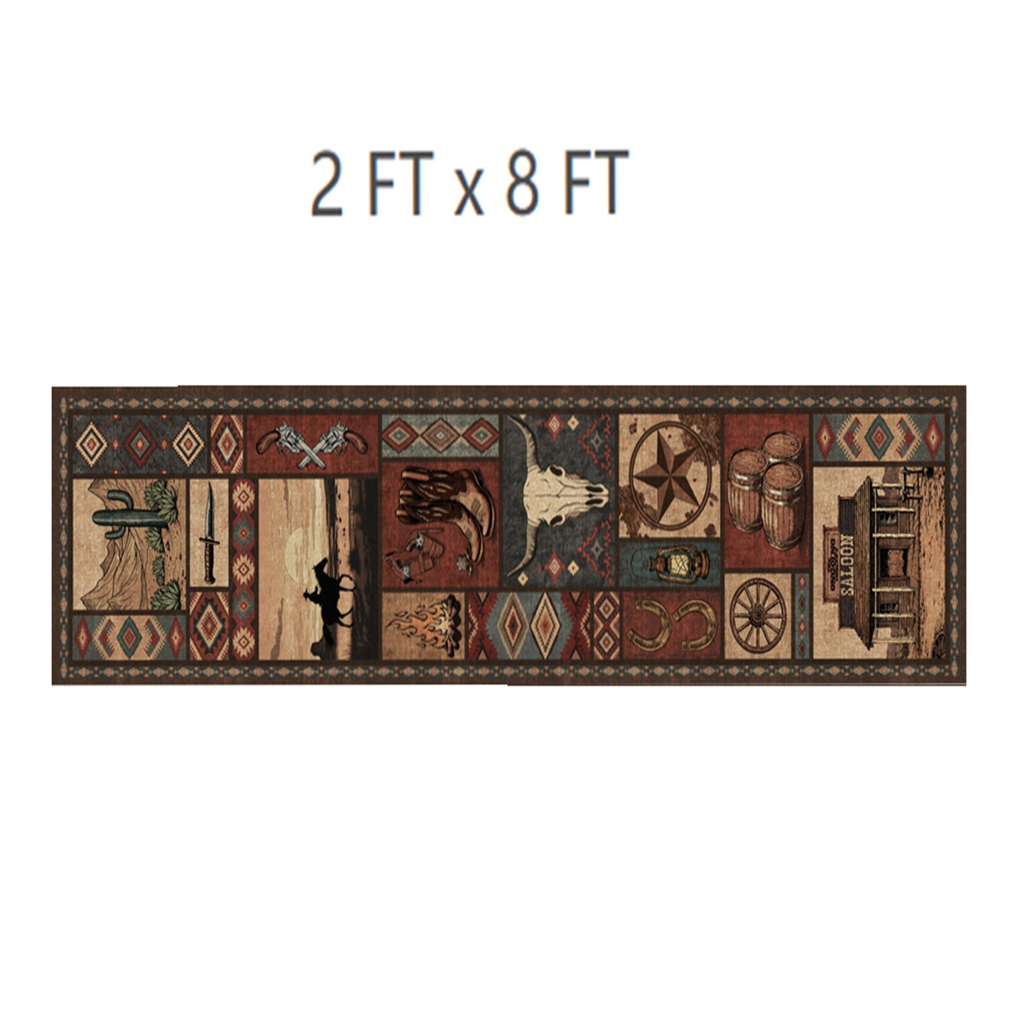 CHAKME 2'x8' Western Cowboy Area Rug Rustic Southwestern Cabin Lodge Decor Machine Washable Non-Slip Low Pile Floor Mat Vintage Cactus Bull Skull Saloon Design Carpet for Living Room Bedroom