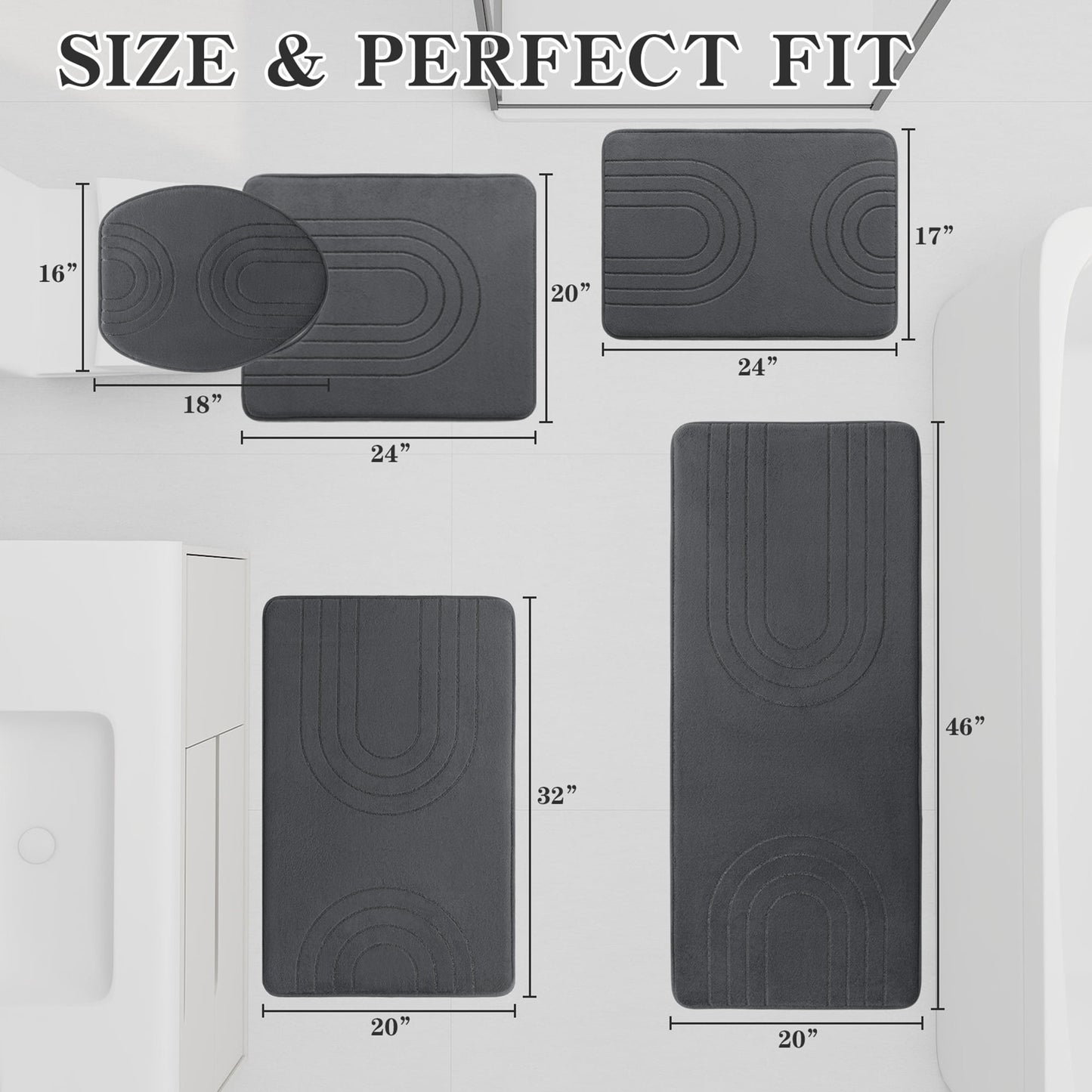 CHAKME 5 Pcs Bathroom Rugs Set Non Slip Absorbent Machine Washable Large 20inx46in & 32inx20in Long 24inx17in Small 18inx16in U Shaped 24inx20in Memory Foam Toilet Mat, 2U Dark gray