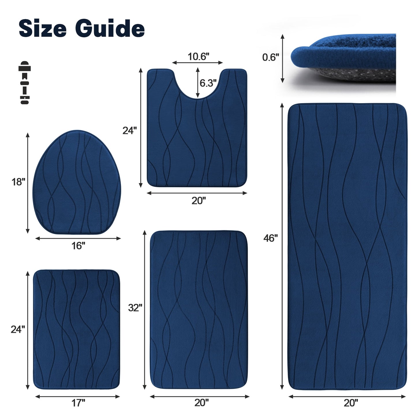CHAKME 5 Piece Bathroom Rug Set Non Slip Ultra Absorbent Machine Washable Memory Foam Large 20inx46in & 32inx20in Long 24inx17in Small 18inx16in U Shape Contour 24inx20in Toilet Mat Ocean Ripple dark blue