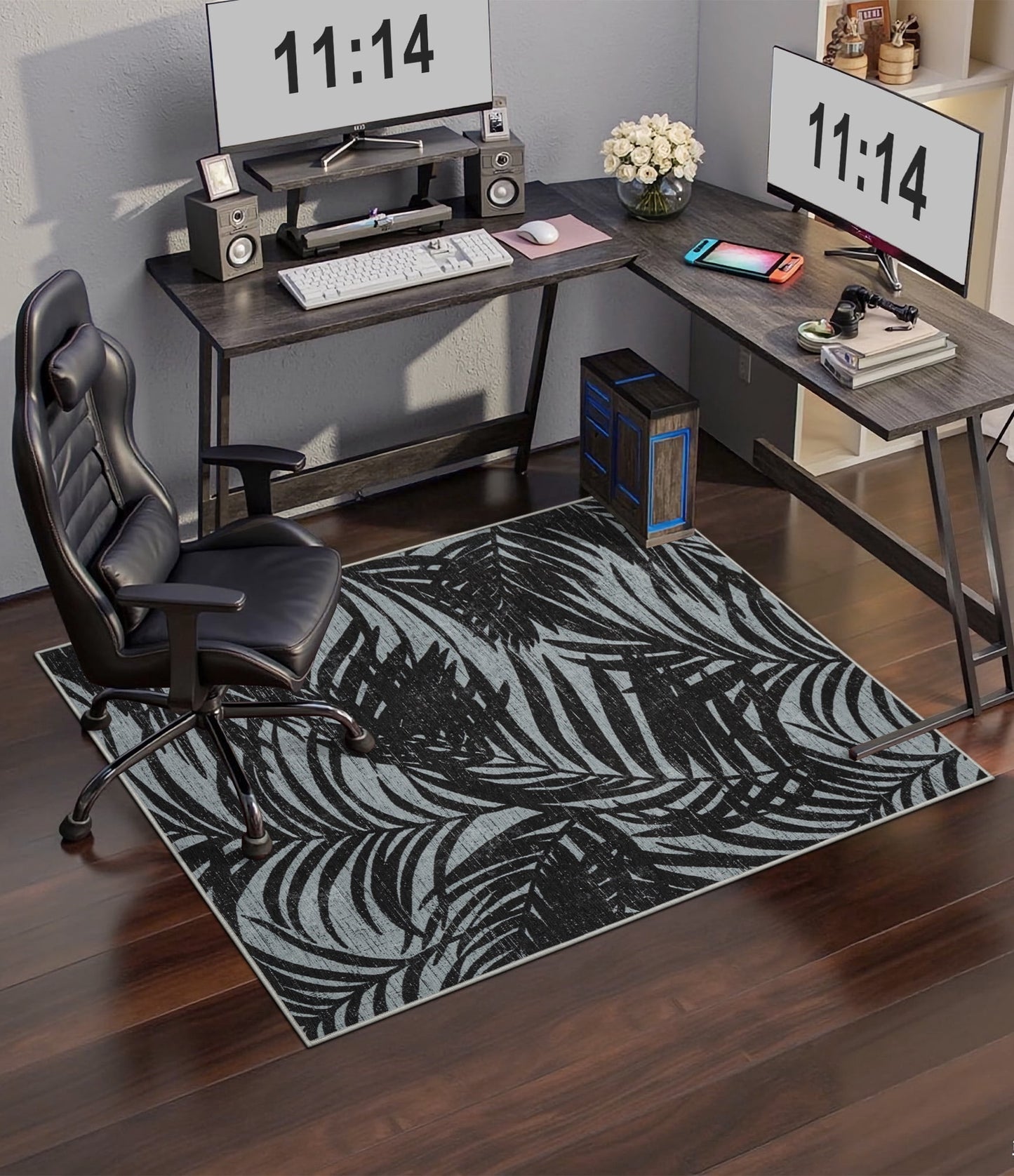 CHAKME Tropical Leaf Office Chair Mat 3'x4' Non Slip Washable Easy Glide Carpet Protector Hardwood Floor Black Grey Palm Botanical Desk Chair Rug