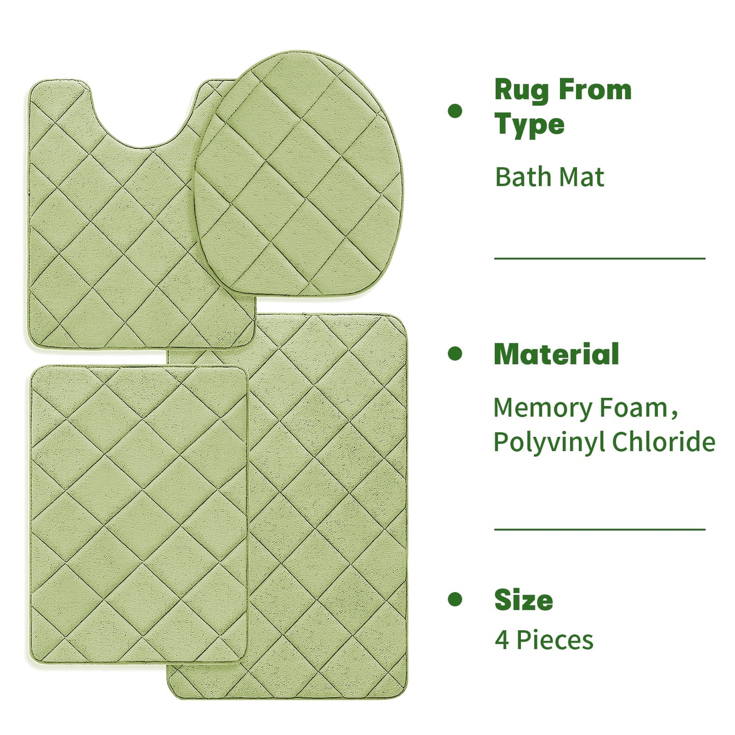 CHAKME 4pcs Bathroom Rugs Set with U-Shaped Mat, Non Slip, Quick Drying, Ultra Soft and Water Absorbent Bath Rug Mat Carpet Machine Washable 20inx32in+17inx24in+U 20inx24in+15inx18in GREEN
