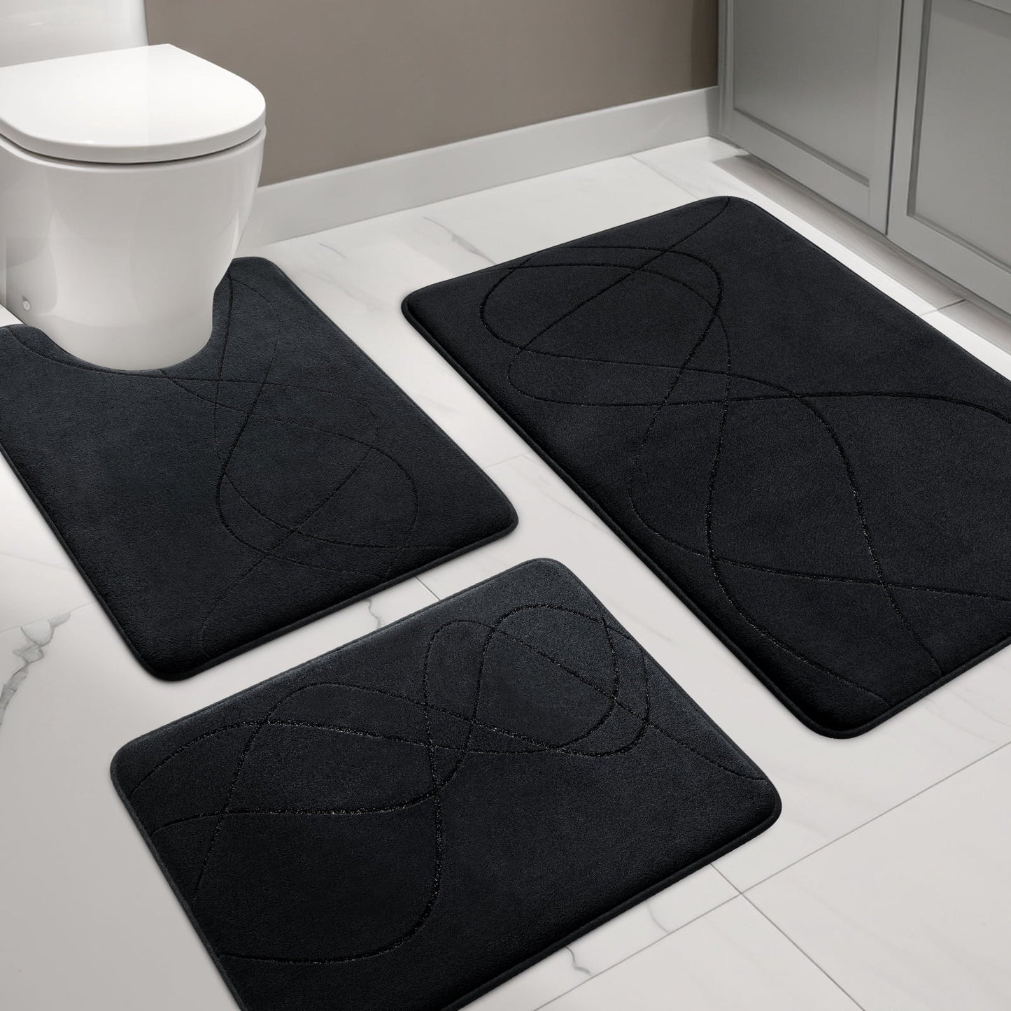 CHAKME Set of 3 Absorbent Memory Foam Bath Mat Set Bathroom Rugs, Interlocking Spirals BLACK, Large 20inx32in, Small 17inx24in, Contour 24inx20in