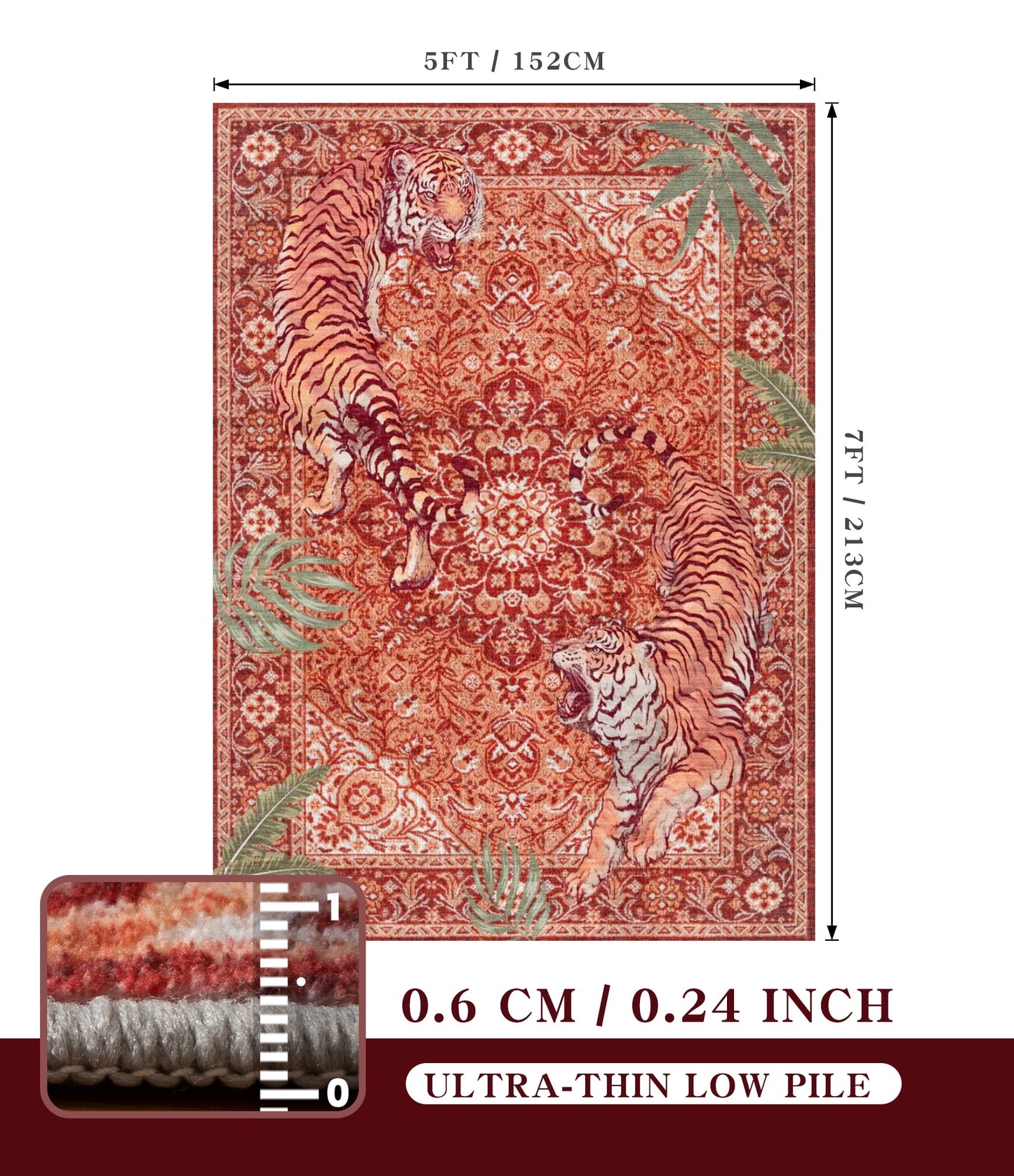 CHAKME 5'x7' Vintage Tiger Area Rugs Non Slip Machine Washable Vintage Boho Carpet Low Pile Print Bedroom Dining Room Home Office Rug,Red