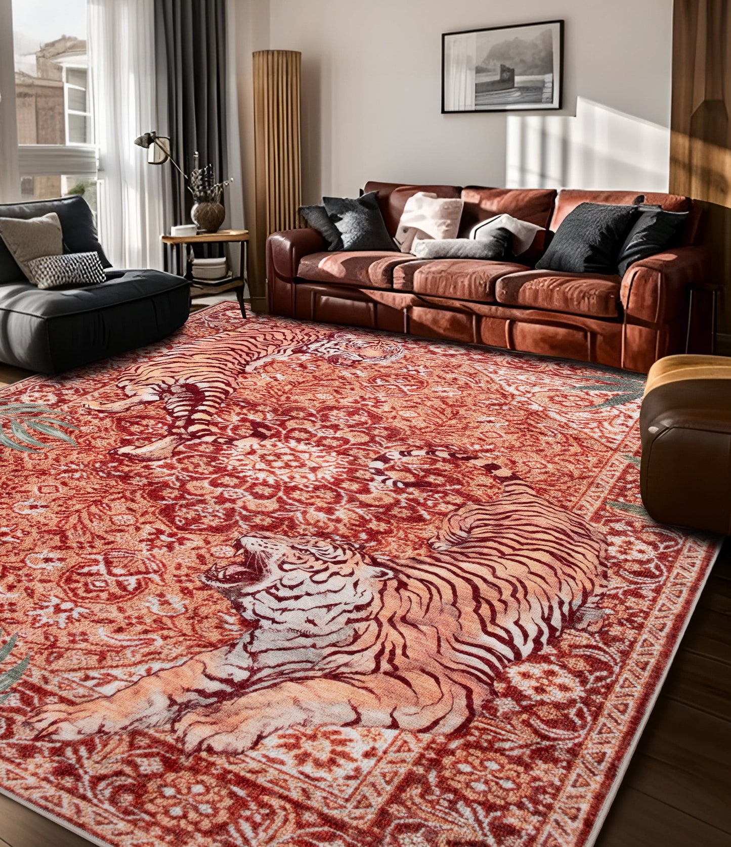 CHAKME 9'x12' Vintage Tiger Area Rugs Non Slip Machine Washable Vintage Boho Carpet Low Pile Print Bedroom Dining Room Home Office Rug,Red