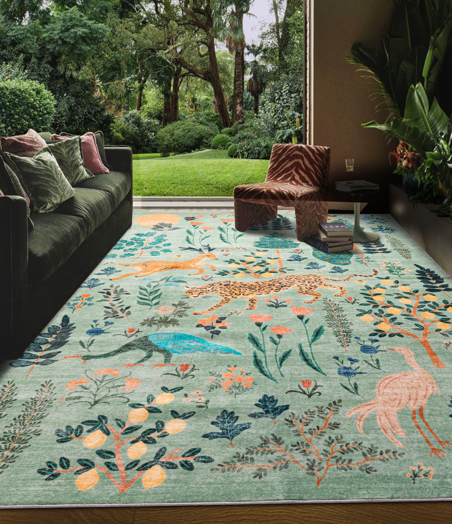 CHAKME 4'x6' Jungle Safari Wild Animal Area Rug Machine Washable Non Slip Leopard Bird Botanical Plant Low Pile Floor Carpet Living Room Dining Room Bedroom