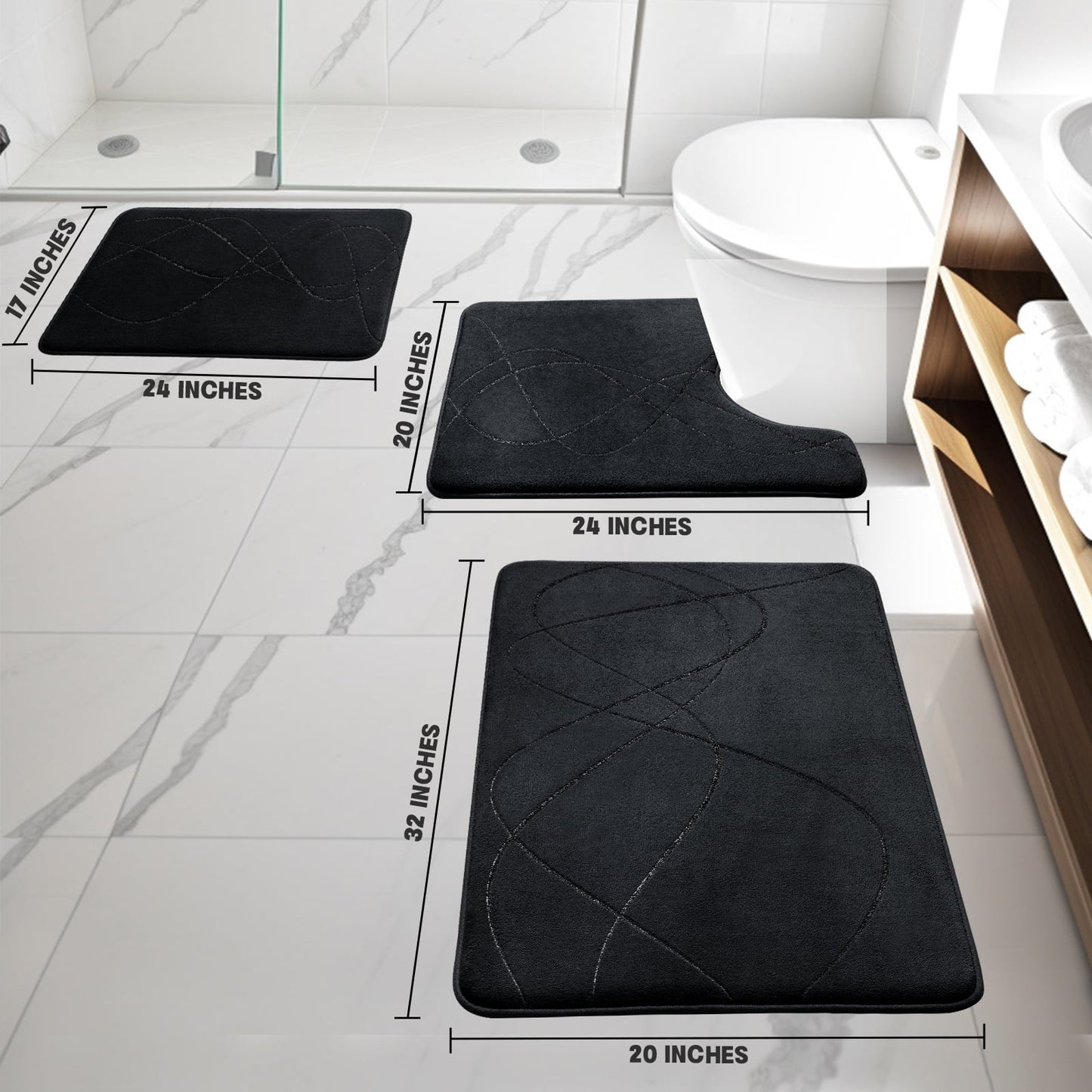 CHAKME Set of 3 Absorbent Memory Foam Bath Mat Set Bathroom Rugs, Interlocking Spirals BLACK, Large 20inx32in, Small 17inx24in, Contour 24inx20in