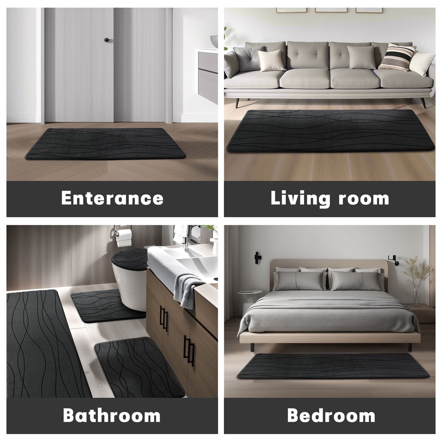 CHAKME Set of 3 Absorbent Memory Foam Bath Mat Set Bathroom Rugs, Ocean Ripple black, Large 20inx32in, Small 17inx24in, Contour 24inx20in