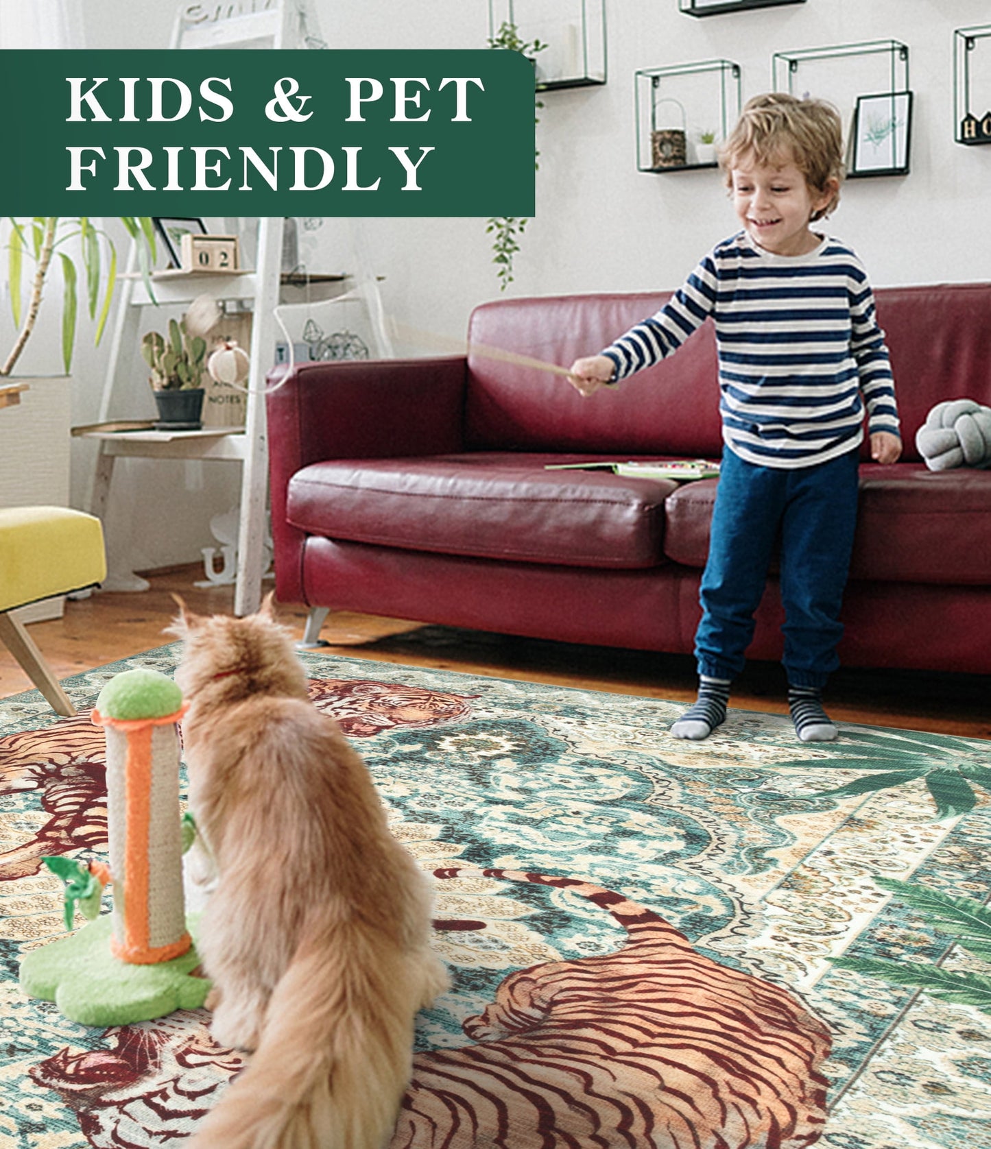 CHAKME 6'x9' Vintage Tiger Area Rug, Boho Traditional Washable Rug Living Room Bedroom Dining Sunroom Distressed Botanical Floral Accent Carpet, Green