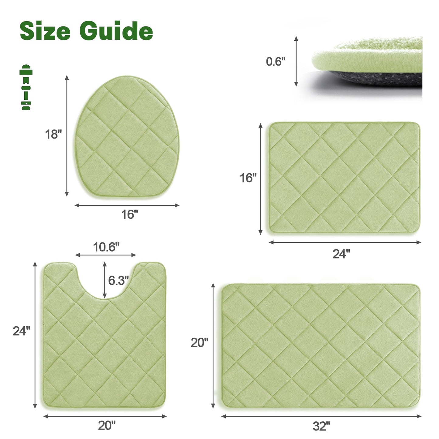 CHAKME 4pcs Bathroom Rugs Set with U-Shaped Mat, Non Slip, Quick Drying, Ultra Soft and Water Absorbent Bath Rug Mat Carpet Machine Washable 20inx32in+17inx24in+U 20inx24in+15inx18in GREEN
