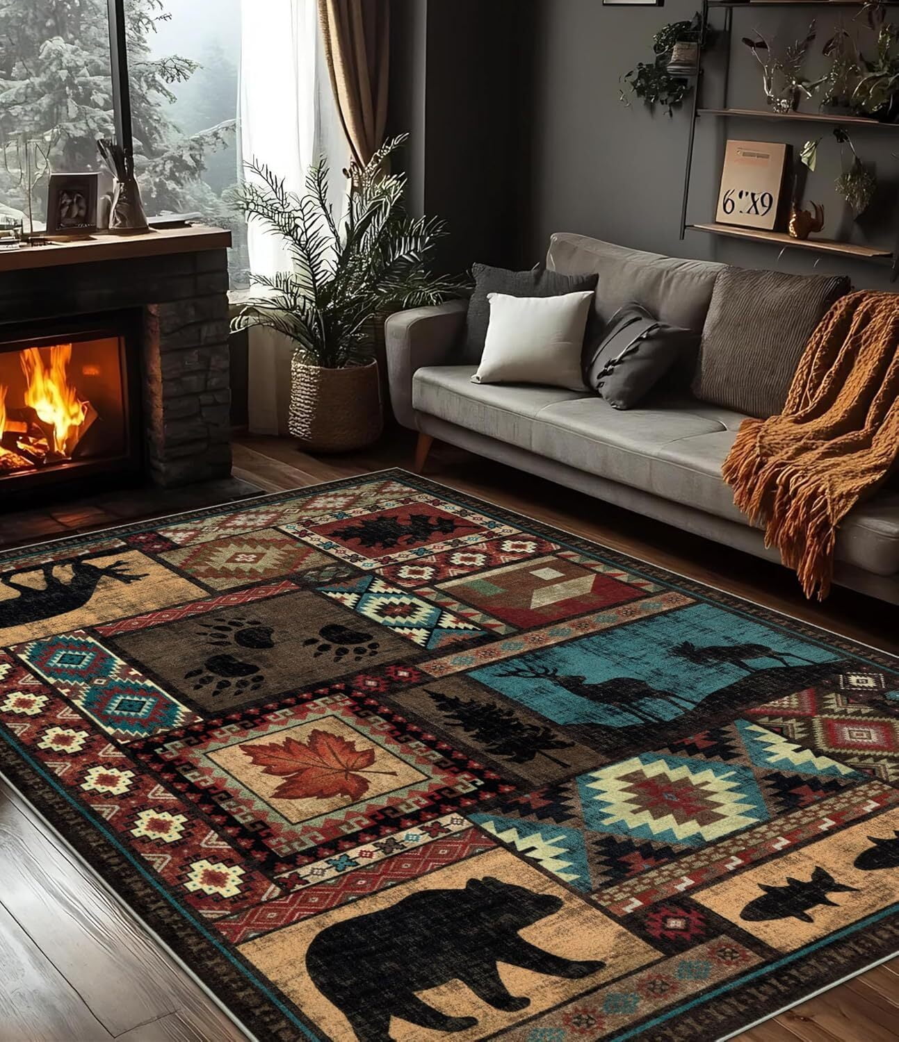 CHAKME 6'x9' Rustic Cabin Lodge Area Rug Machine Washable Non Slip Bear Deer Southwestern Pattern Low Pile Floor Mat Living Room Bedroom