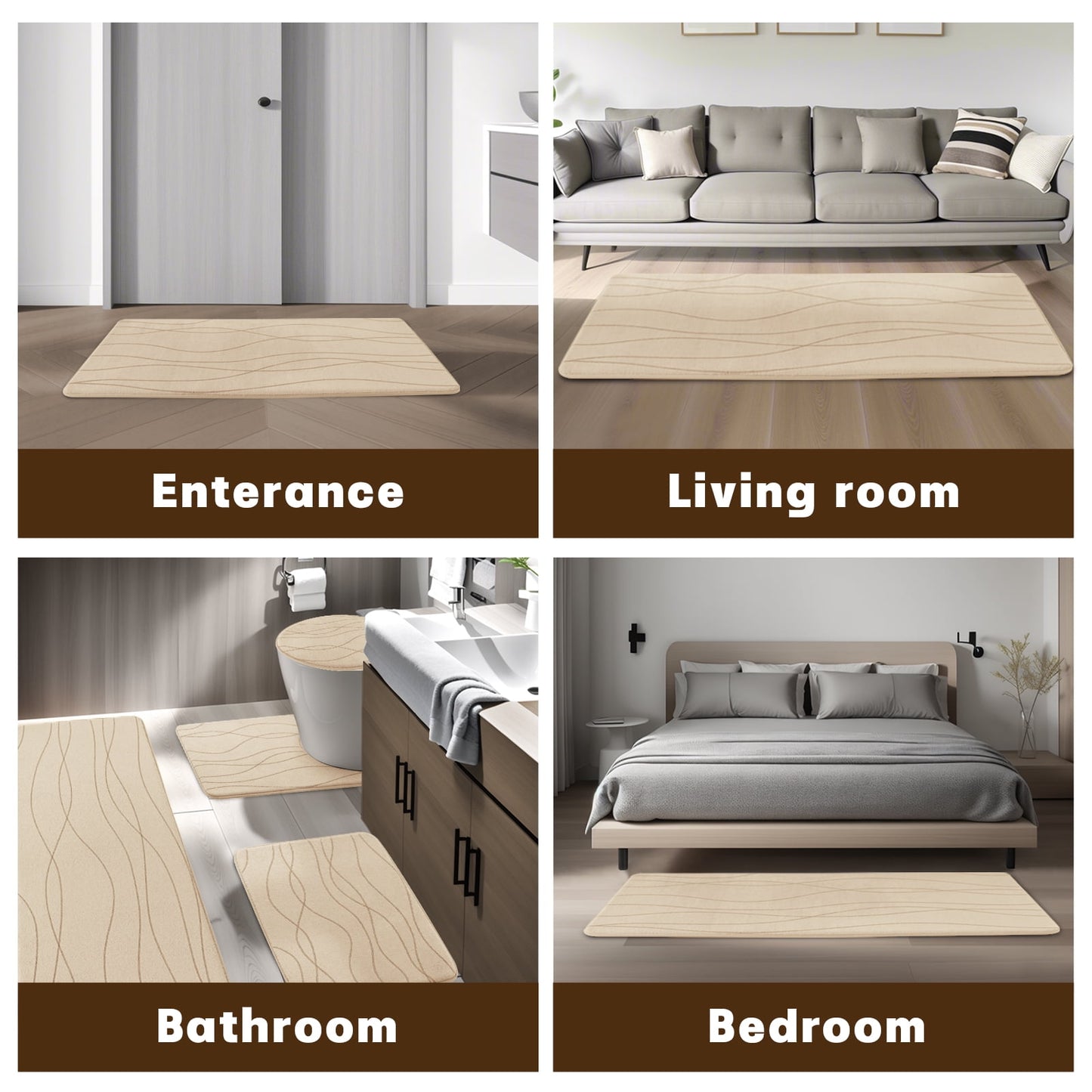 CHAKME 5 Piece Bathroom Rug Set Non Slip Ultra Absorbent Machine Washable Memory Foam Large 20inx46in & 32inx20in Long 24inx17in Small 18inx16in U Shape Contour 24inx20in Toilet Mat Ocean Ripple beige