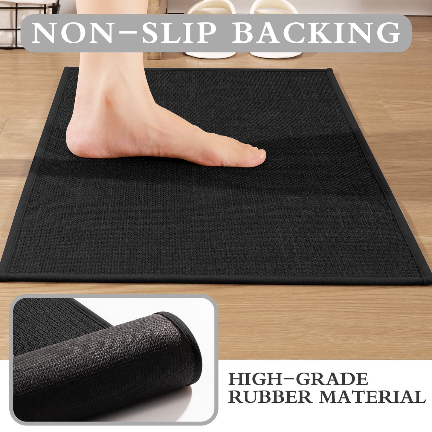 CHAKME 2 Piece Thin Bathroom Rug Set Non Slip Super Absorbent Quick Dry Machine Washable Bath Mat Rubber Backing, 17inx24in+17inx47in BLACK