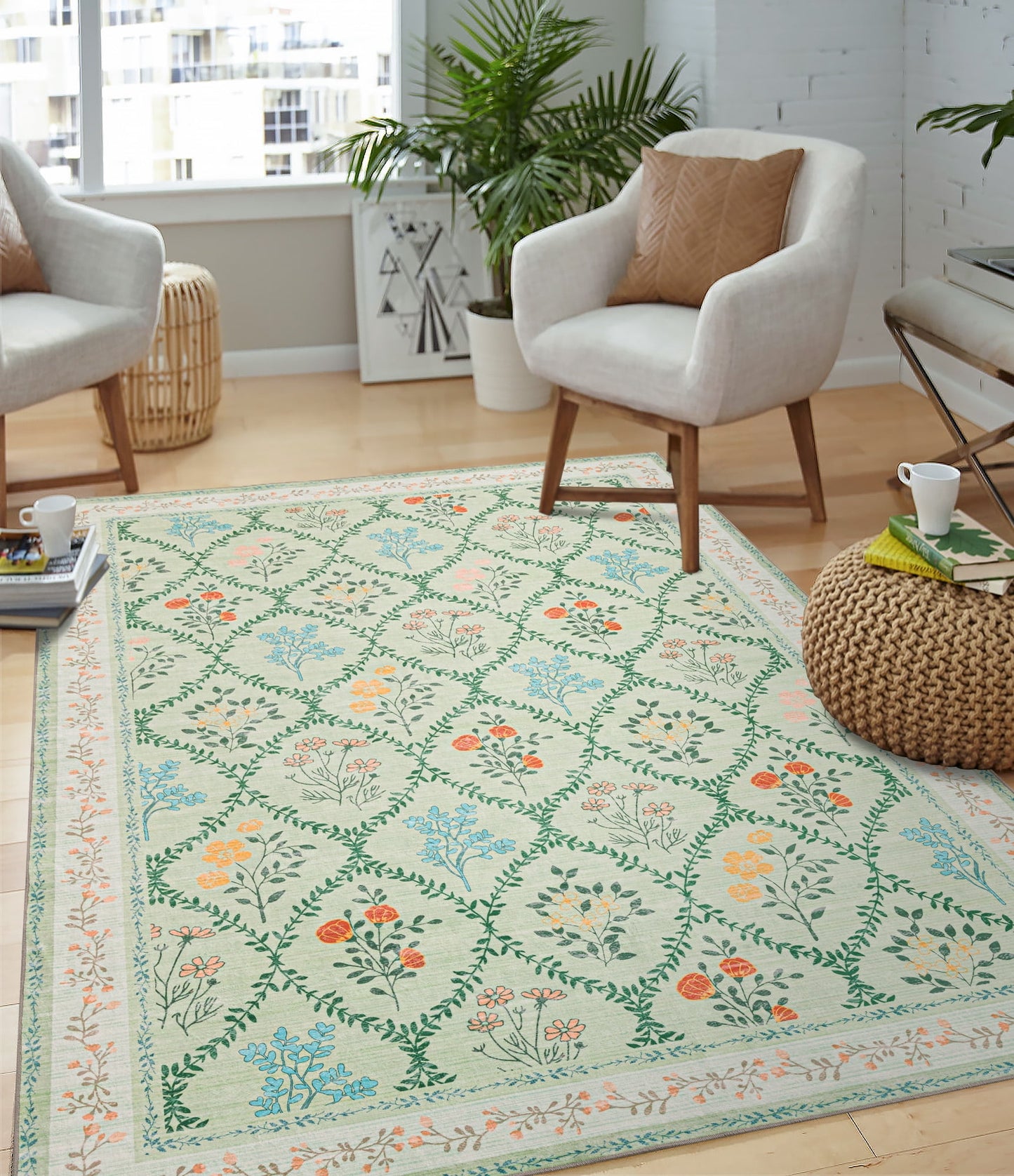 CHAKME 6'x9' Boho Floral Area Rugs Living Room Floral Cottage Washable Rug Soft Faux Wool Rug Carpet Bedroom ,GREEN