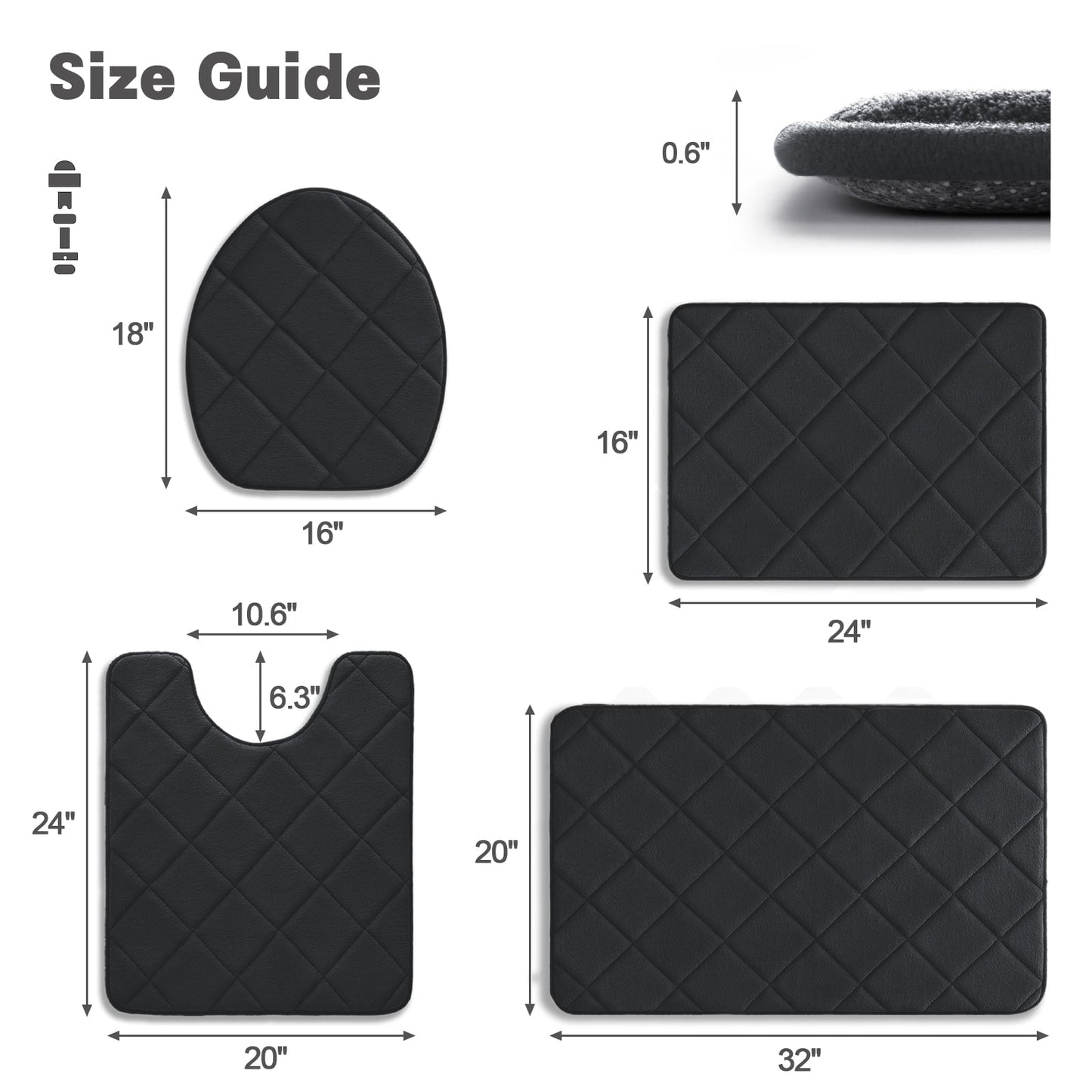 CHAKME 4pcs Bathroom Rugs Set with U-Shaped Mat, Non Slip, Quick Drying, Ultra Soft and Water Absorbent Bath Rug Mat Carpet Machine Washable 20inx32in+17inx24in+U 20inx24in+15inx18in BLACK