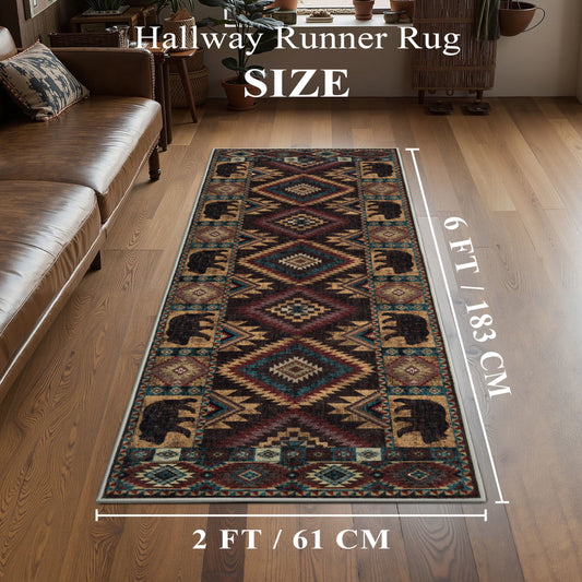 CHAKME 2x6 Washable Southwestern Area Rug, Rustic Cabin Geometric Bear Carpet, Soft Non-Slip Foldable Floor Mat for Living Room Bedroom, Dark Charcoal & Burgundy Red