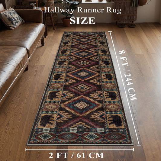 CHAKME 2x8 Washable Southwestern Area Rug, Rustic Cabin Geometric Bear Carpet, Soft Non-Slip Foldable Floor Mat for Living Room Bedroom, Dark Charcoal & Burgundy Red
