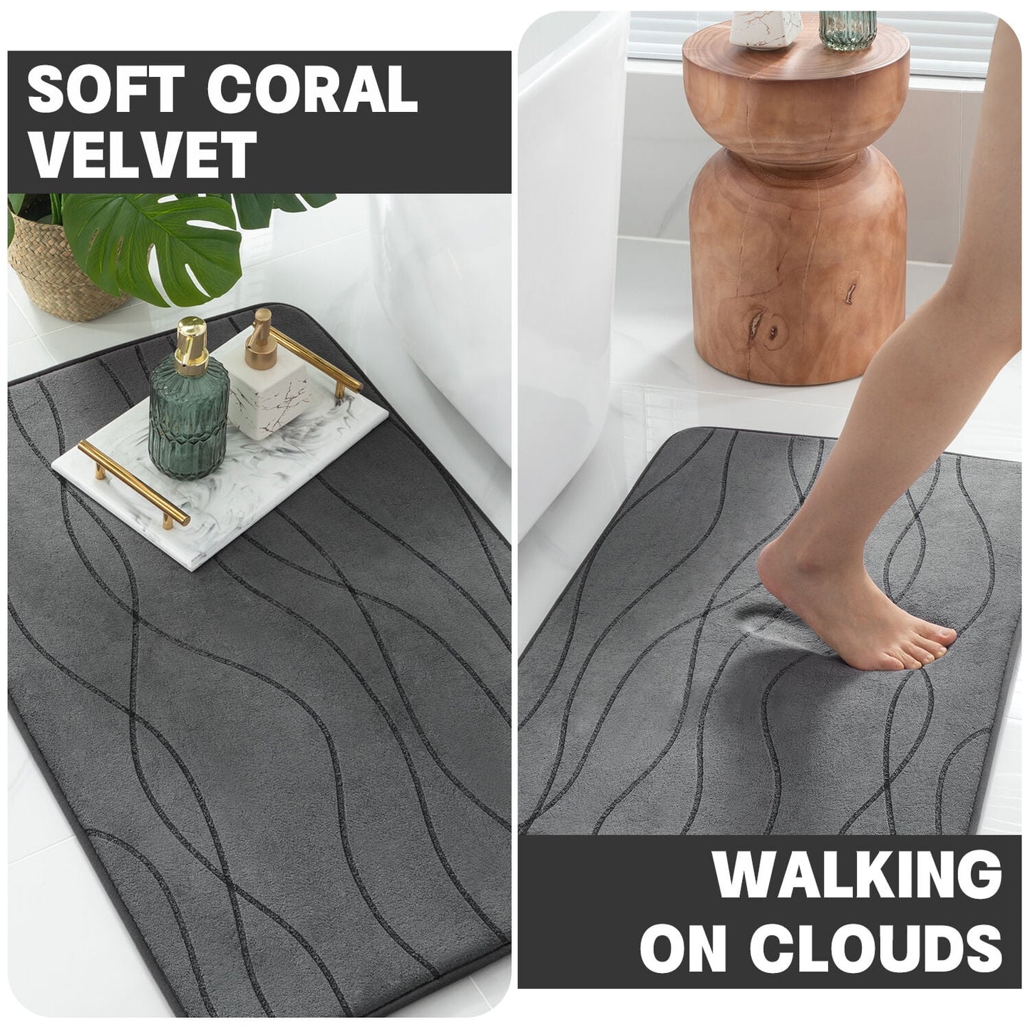 CHAKME Set of 3 Absorbent Memory Foam Bath Mat Set Bathroom Rugs, Ocean Ripple Dark gray, Large 20inx32in, Small 17inx24in, Contour 24inx20in