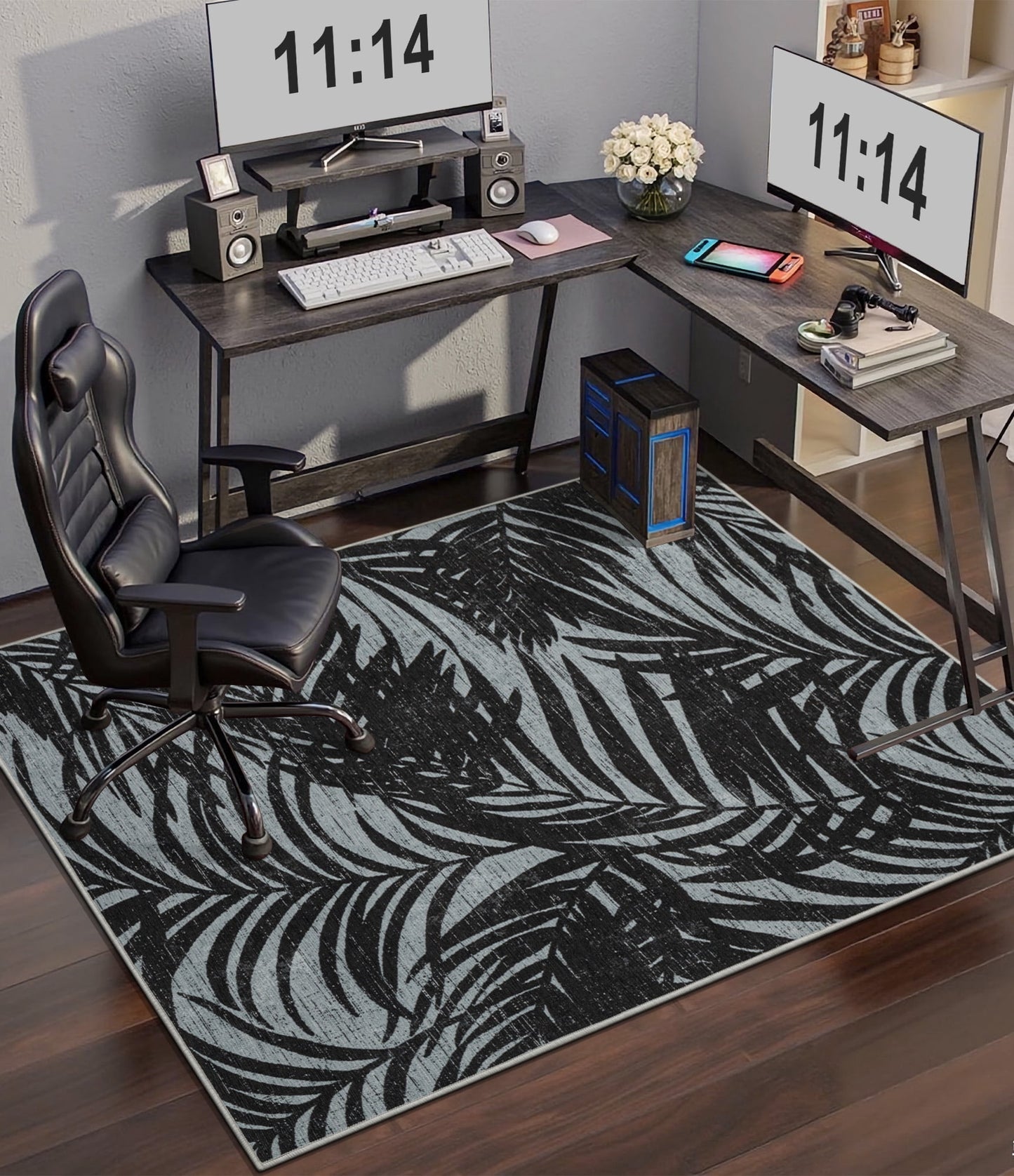 CHAKME 48inx60in Black White Tropical Leaf Desk Chair Mat, Anti Slip Low Pile for Hardwood/Tile Floor