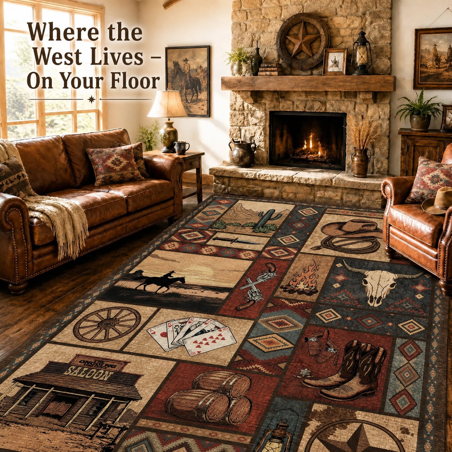 CHAKME 8'x10' Western Cowboy Area Rug Rustic Southwestern Cabin Lodge Decor Machine Washable Non-Slip Low Pile Floor Mat Vintage Cactus Bull Skull Saloon Design Carpet for Living Room Bedroom