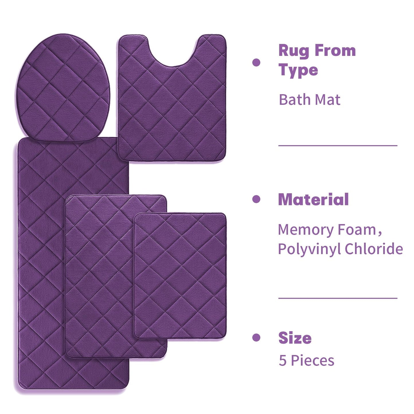CHAKME Non Slip Machine Washable 5 Piece Bath Rug Set Memory Foam Ultra Absorbent Large 20inx46in & 32inx20in Long 24inx17in Small 18inx16in U Shape Contour 24inx20in Bathroom Mat Rustic Lattice purple