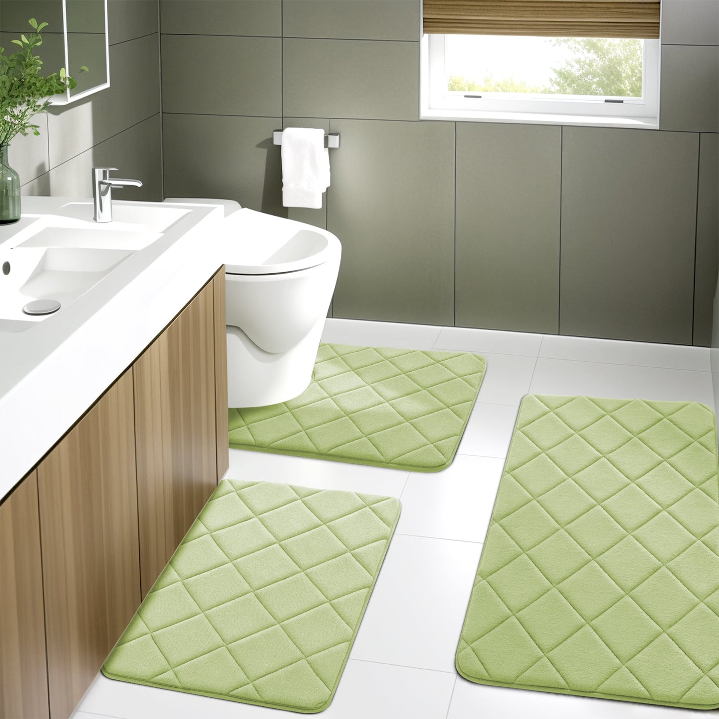 CHAKME Non-Slip 3 Piece Bathroom Rugs Set - Bath Mat for Tub, Shower, and Toilet, Rustic Lattice green