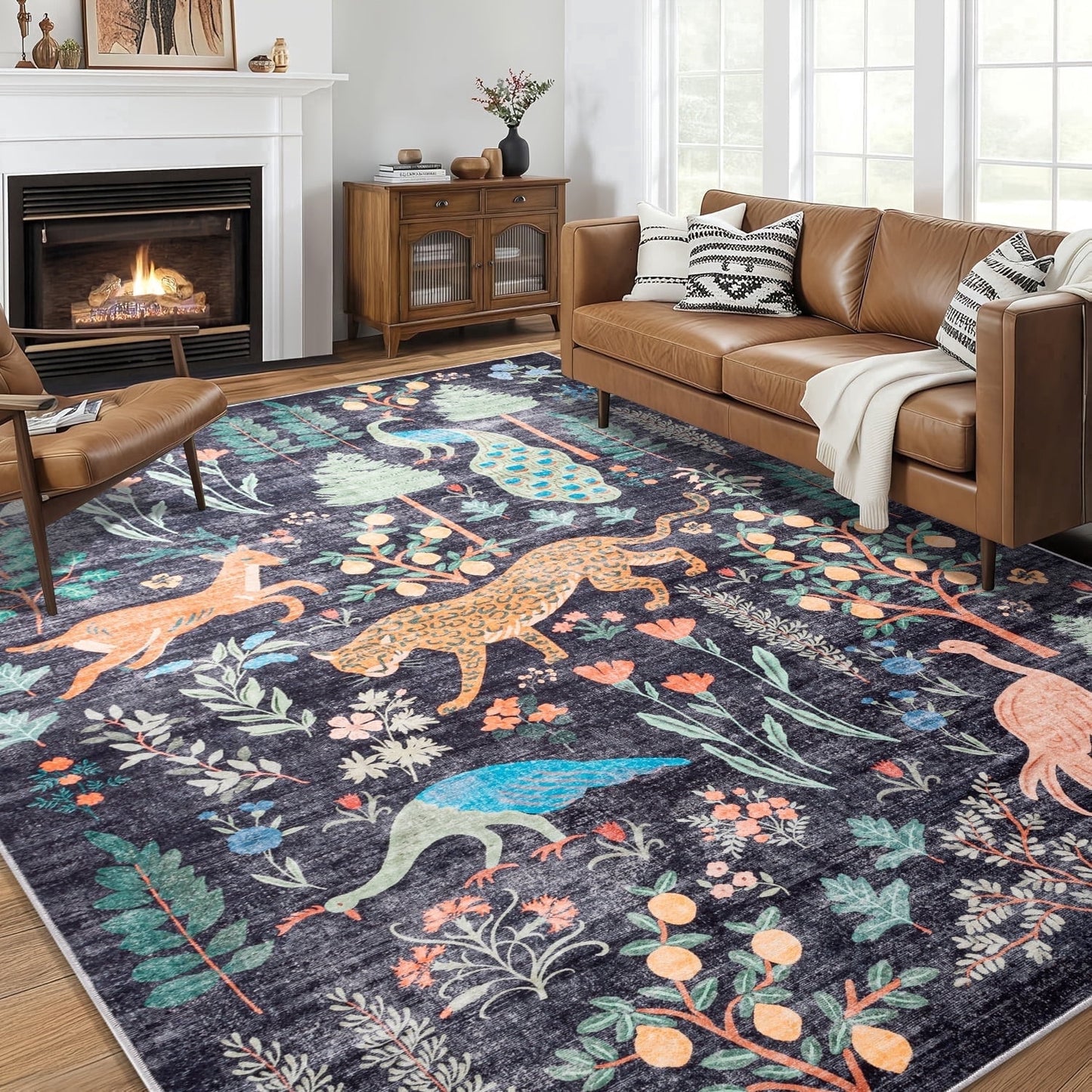 CHAKME 5'x7' Jungle Safari Wild Animal Area Rug Machine Washable Non Slip Leopard Bird Botanical Plant Low Pile Floor Carpet Living Room Dining Room Bedroom
