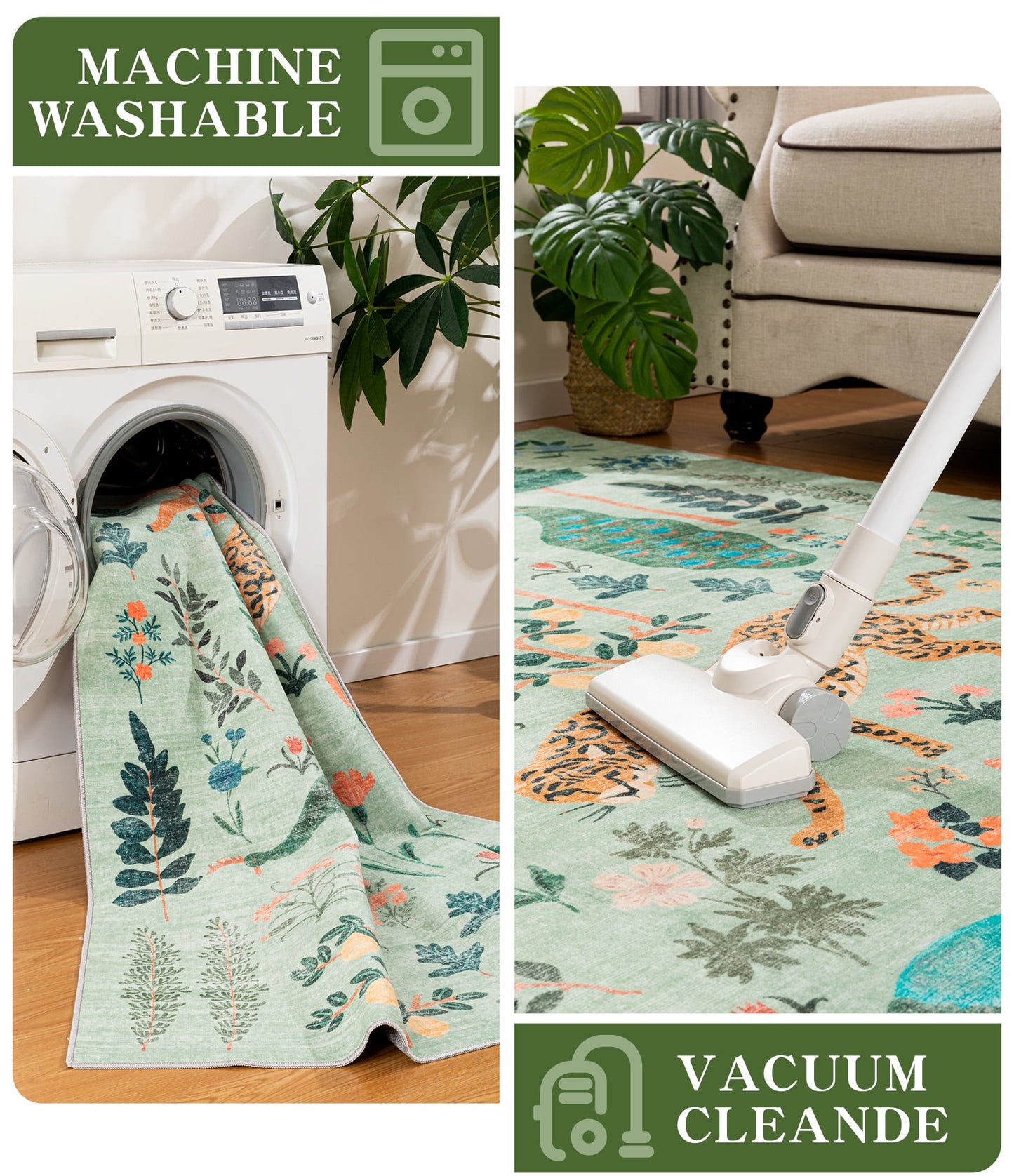 CHAKME 5'x7' Jungle Safari Wild Animal Area Rug Machine Washable Non Slip Leopard Bird Botanical Plant Low Pile Floor Carpet Living Room Dining Room Bedroom
