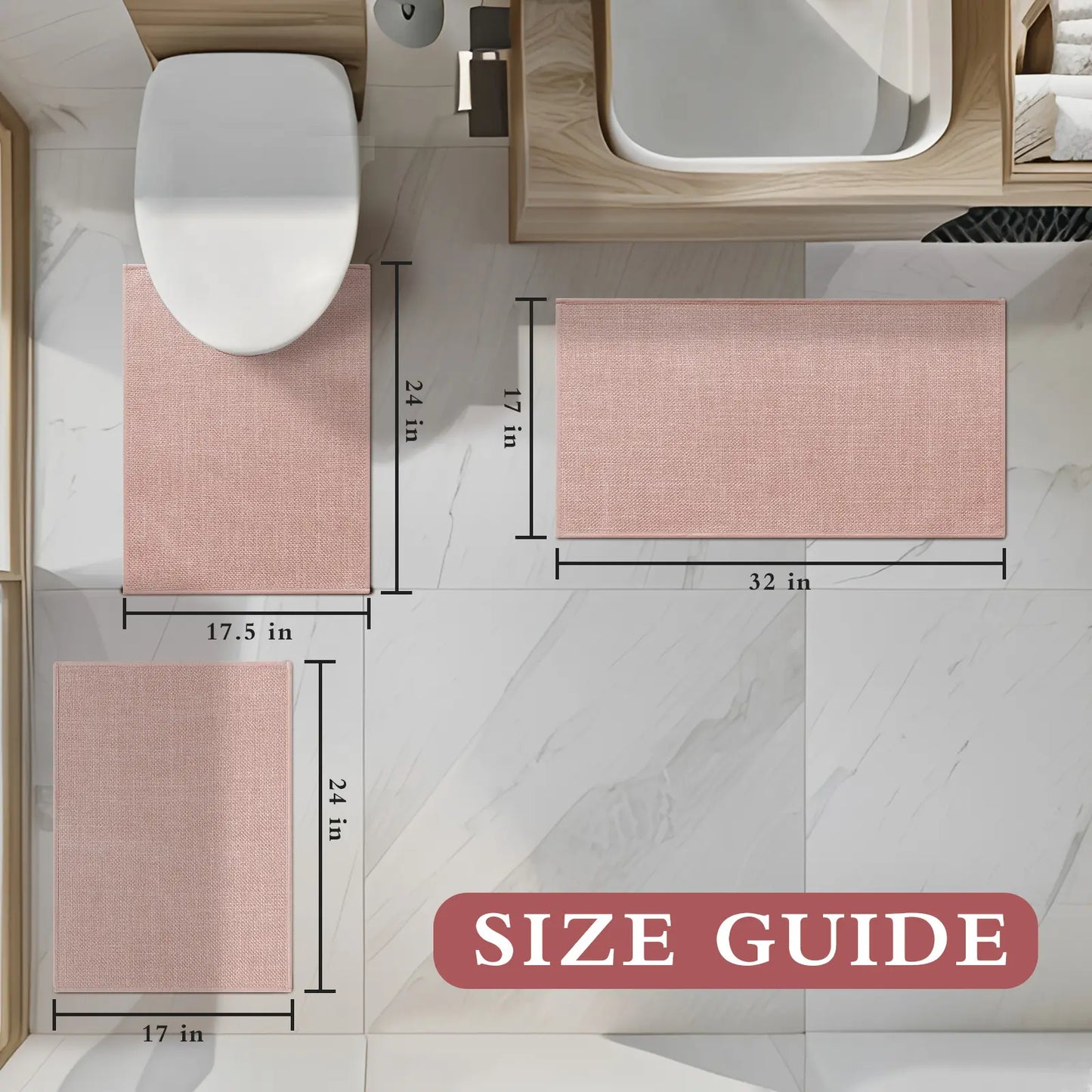 CHAKME 3 Piece Bathroom Rug Set Non Slip Washable Thin Super Absorbent Quick Dry U Shaped Toilet Mat Rubber Backing Shower Tub Floor, 17inx24in+17inx32in+U Shape 17.5inx24in PINK