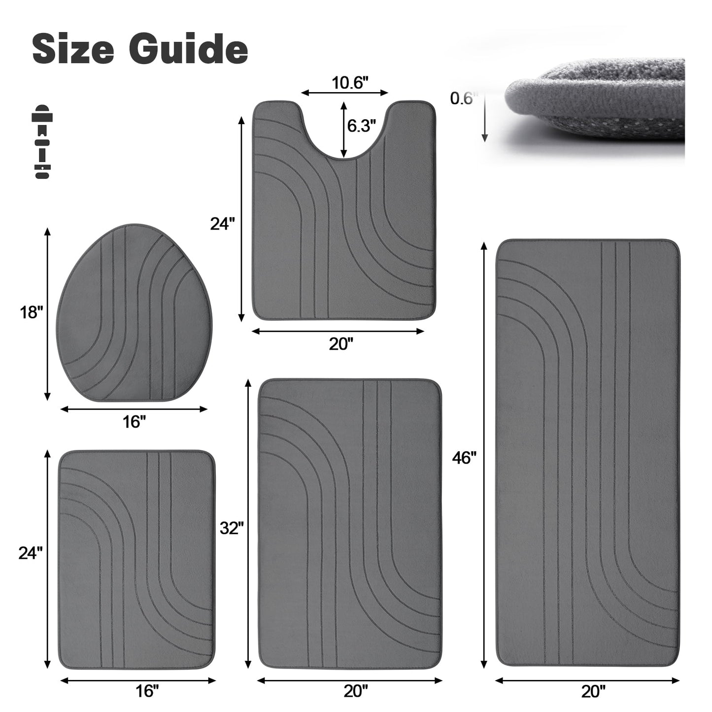 CHAKME 5 Pcs Bathroom Rugs Set Non Slip Absorbent Machine Washable Large 20inx46in & 32inx20in Long 24inx17in Small 18inx16in U Shaped 24inx20in Memory Foam Toilet Mat, Zen Garden Ripple Dark gray