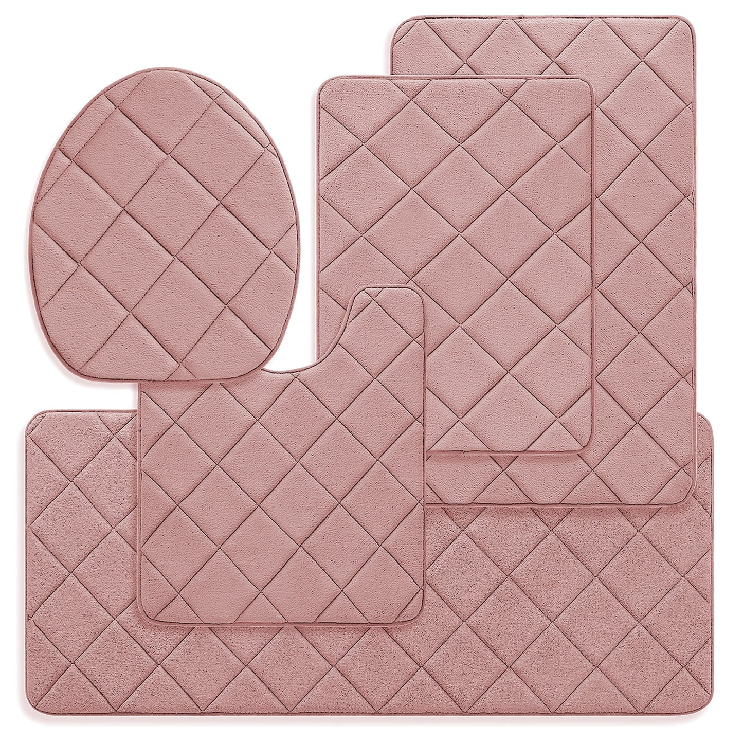 CHAKME Non Slip Machine Washable 5 Piece Bath Rug Set Memory Foam Ultra Absorbent Large 20inx46in & 32inx20in Long 24inx17in Small 18inx16in U Shape Contour 24inx20in Bathroom Mat Rustic Lattice pink