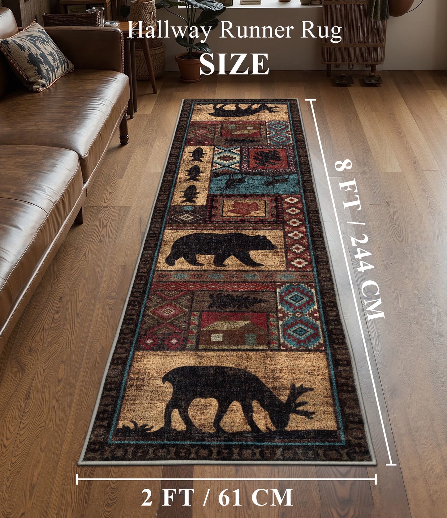 CHAKME 2'x8' Rustic Cabin Lodge Area Rug Machine Washable Non Slip Bear Deer Southwestern Pattern Low Pile Floor Mat Living Room Bedroom